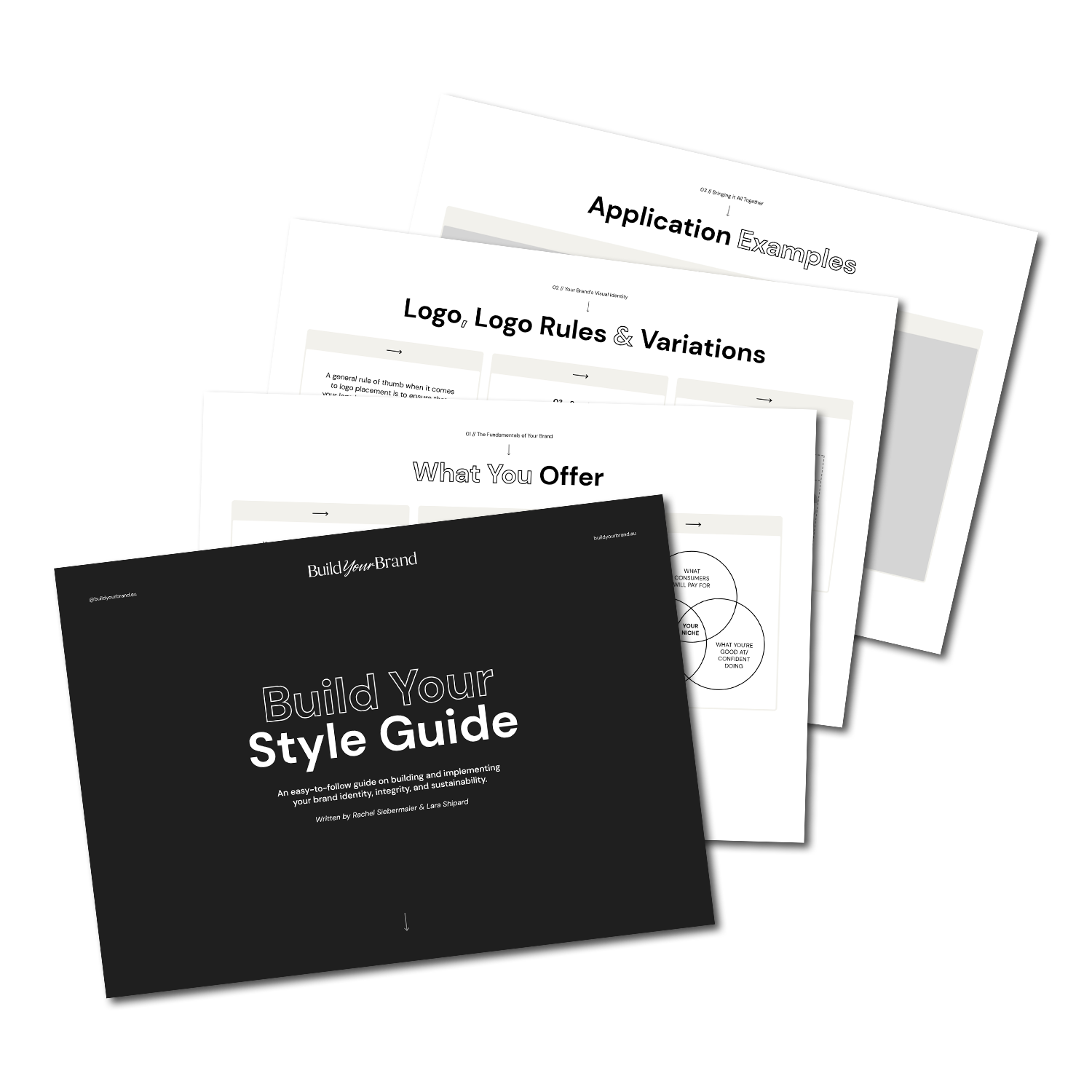 A black cover titled 'Build Your Style Guide' with white text, along with several white pages displaying branding and logo design guidelines, on a black background.