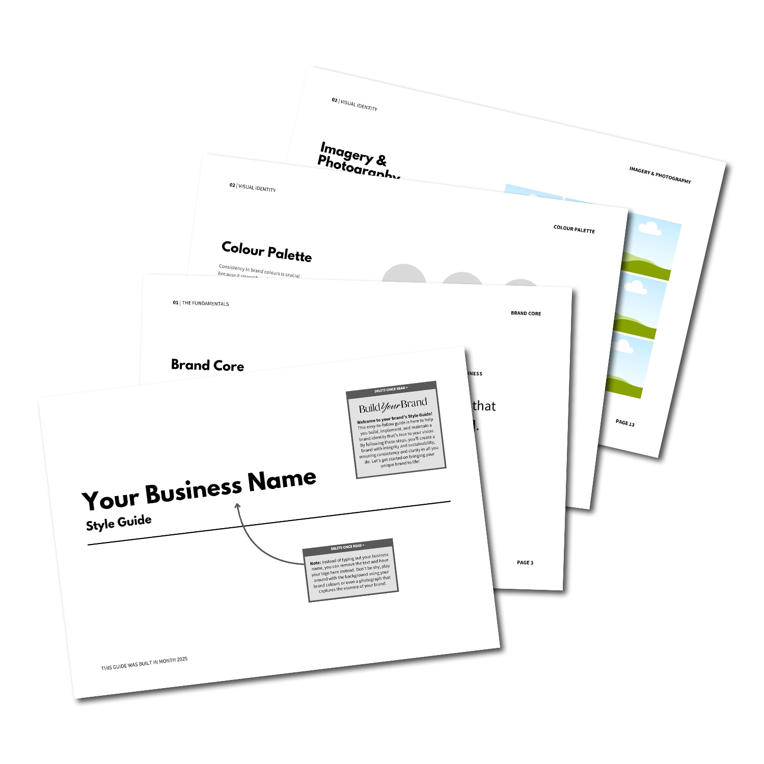 A series of documents, including a business style guide and branding guide, laid out overlapping on a black background.