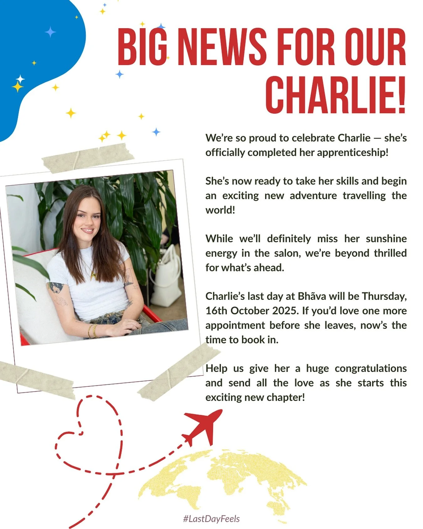 Charlie&rsquo;s last day at Bh&atilde;va is Thursday, 16th October 2025!

Don&rsquo;t miss your chance to sit in her chair before she sets off on her next adventure. 💛✂️
@charlie_bhavasalon 

#BhavaSalon #TeneriffeSalon #BrisbaneHair #SalonLife #App