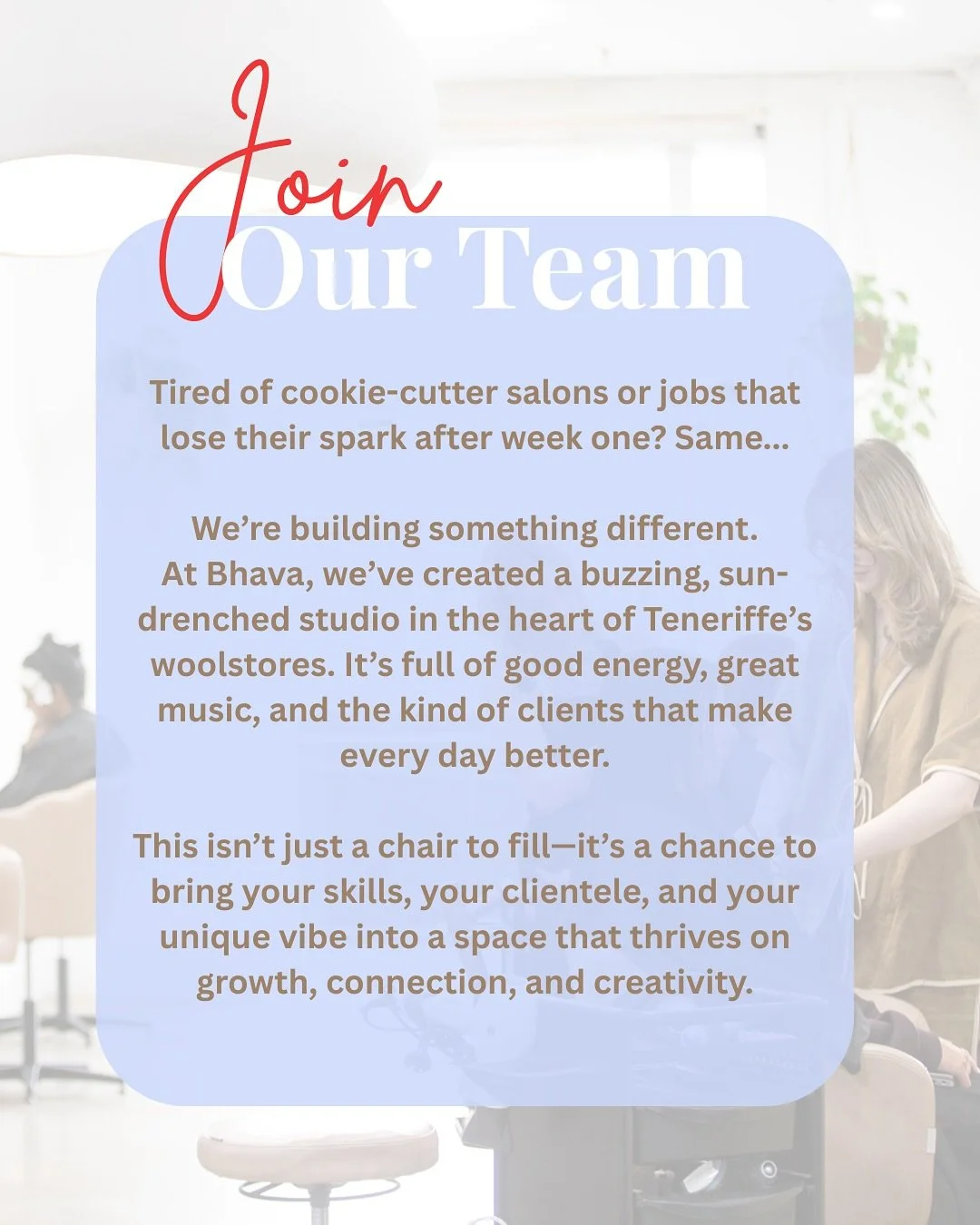 🌟 We&rsquo;re growing our Bh&atilde;va family! 🌟

Looking for a fresh start in a salon that values connection, creativity, and culture?

At Bh&atilde;va, you&rsquo;ll find:
✨ A buzzing Teneriffe studio filled with natural light + good energy
✨ A lo