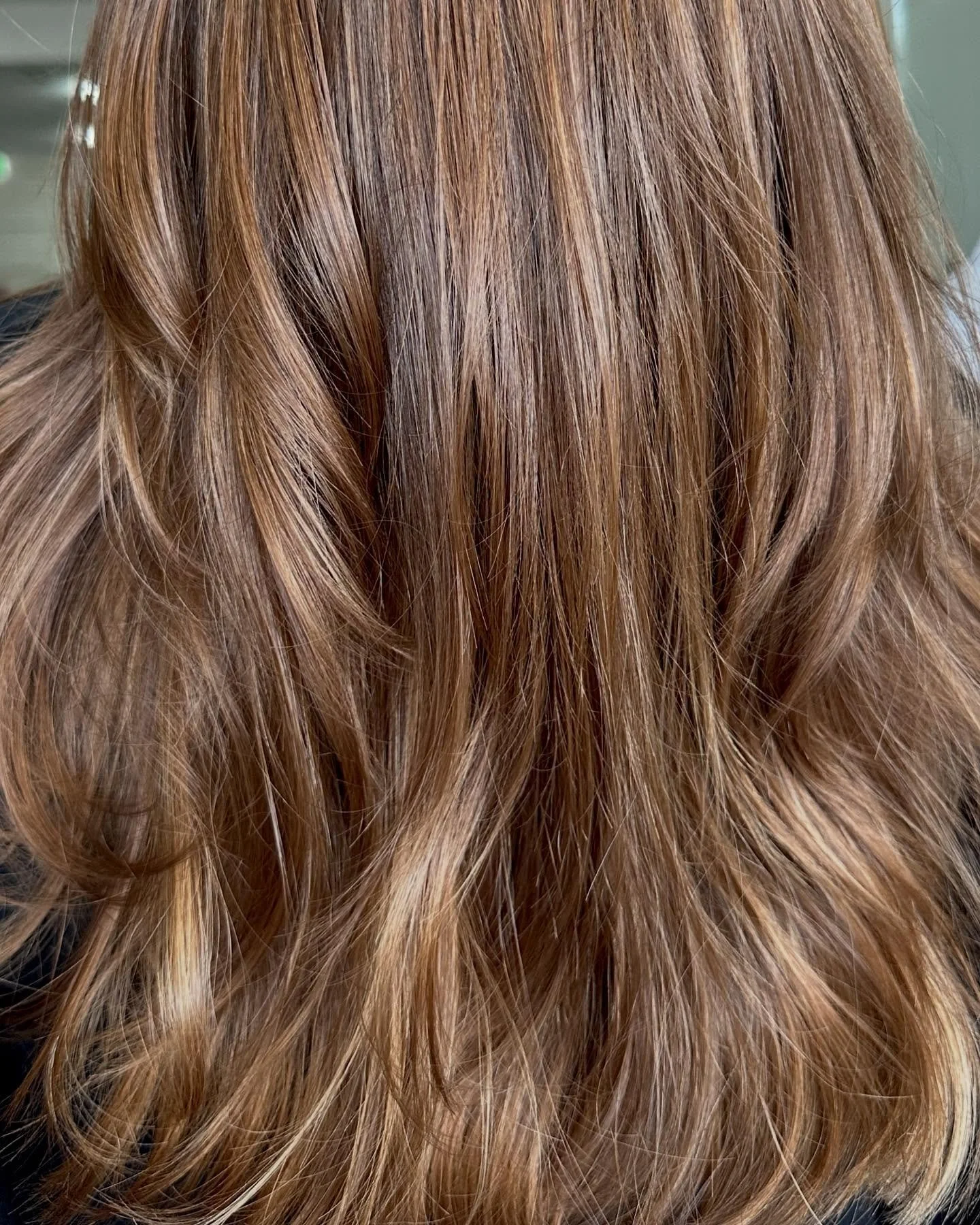 Close-up of long, wavy brown hair with highlights.