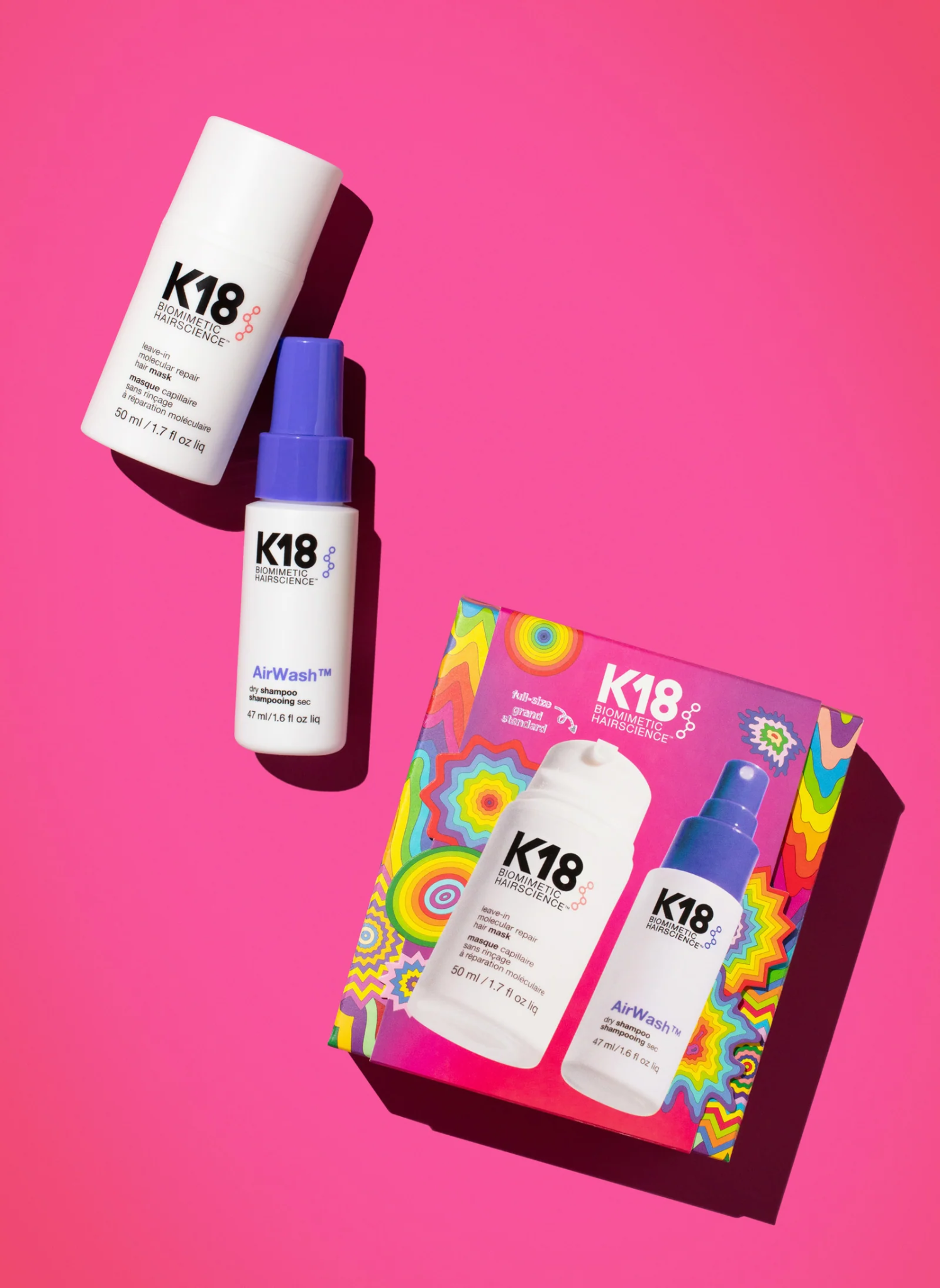 K18 Repair + Refresh Holiday Kit with 50ml molecular repair hair mask and 47ml AirWash dry shampoo in colourful gift packaging