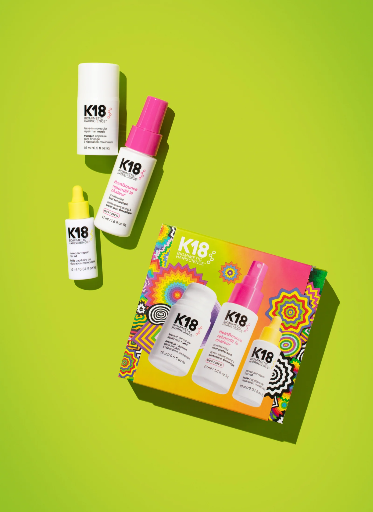 K18 Repair, Protect + Smooth Holiday Kit with 15ml repair mask, 47ml HeatBounce heat protectant and 10ml hair oil in colourful gift packaging