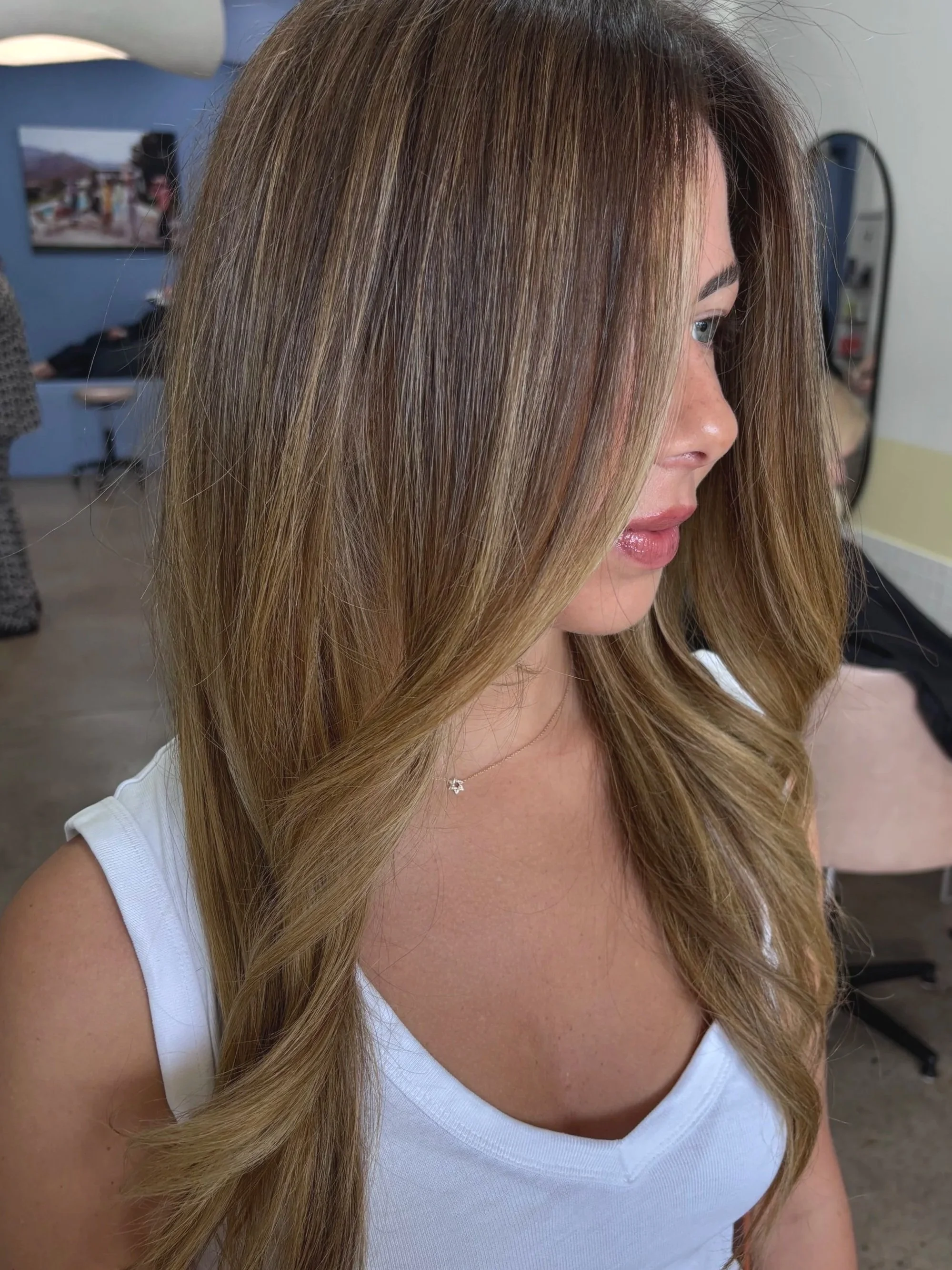 Close-up of wavy reddish-brown hair with subtle highlights and a bouncy blowdry