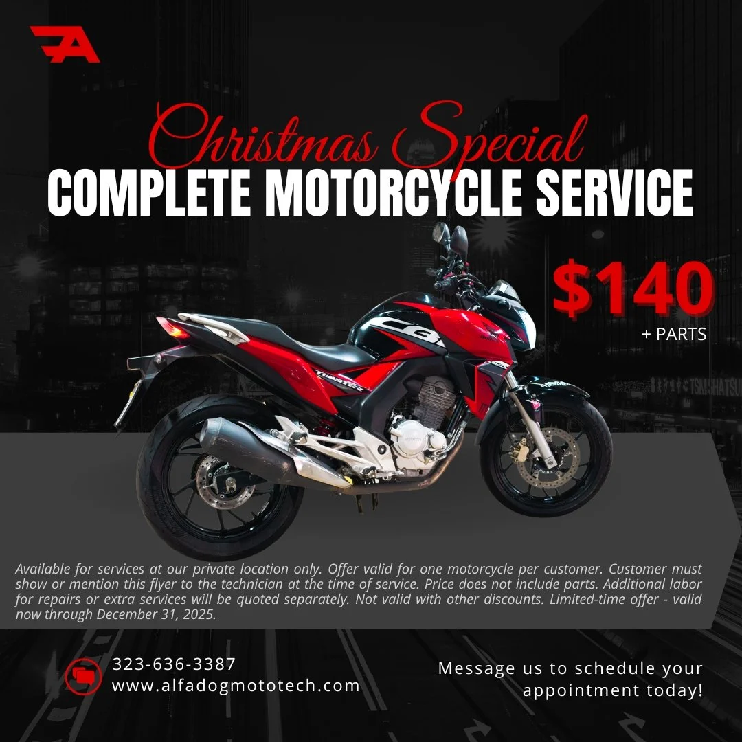 Flyer advertising Christmas special complete motorcycle service for $140 plus parts, featuring a red and black motorcycle in an urban setting.