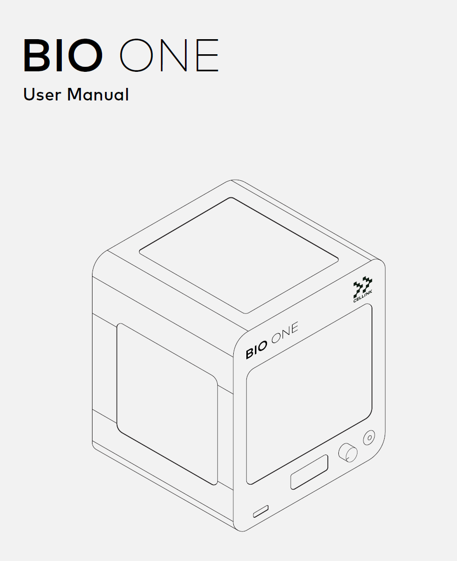 Line drawing of a compact device labeled 'BIO ONE' with a small screen and control buttons, indicating it is a user manual cover for a medical or laboratory instrument.
