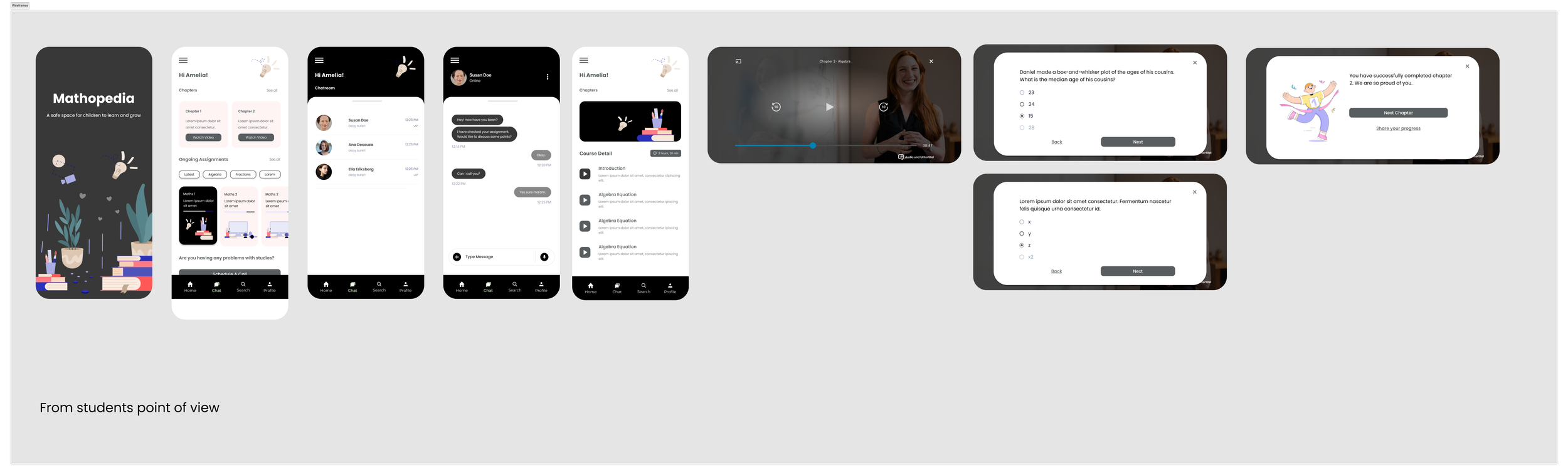 Screenshots of an educational app interface with various screens, including a home page, chat with a teacher, course details, video lesson, quiz questions, and progress sharing, designed for student learning.