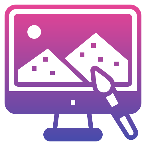 Icon of a computer monitor displaying mountains and a sun with a paintbrush overlay, indicating digital image editing or art creation.