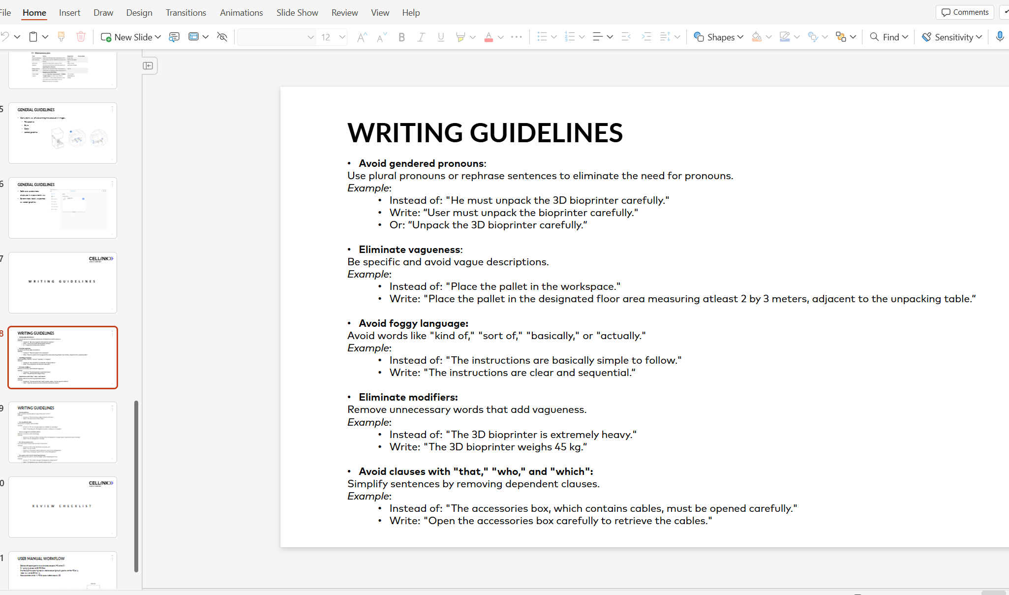 Slide titled 'Writing Guidelines' listing tips for effective writing, including avoiding gendered pronouns, eliminating vagueness, avoiding foggy language, eliminating modifiers, and avoiding clauses with 'that,' 'who,' and 'which,' with examples for each guideline.