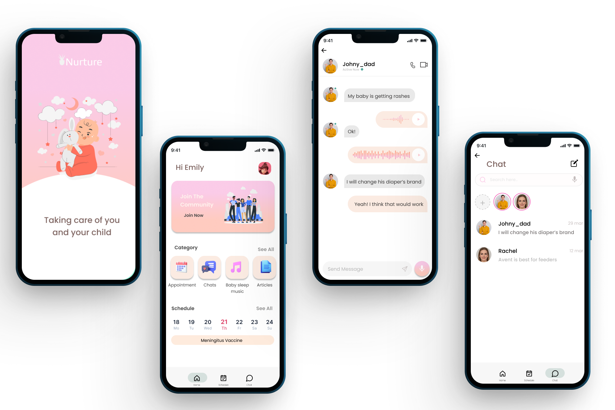 Screenshots of a parenting app interface with features for nurturing, community joining, messaging, and chat. The screens display illustrations of a child and parent, and text related to baby care and communication.