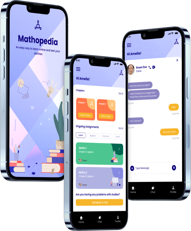Three smartphones displaying an educational app called 'Mathopedia' with features for learning math, watching videos, and chatting with an online tutor.