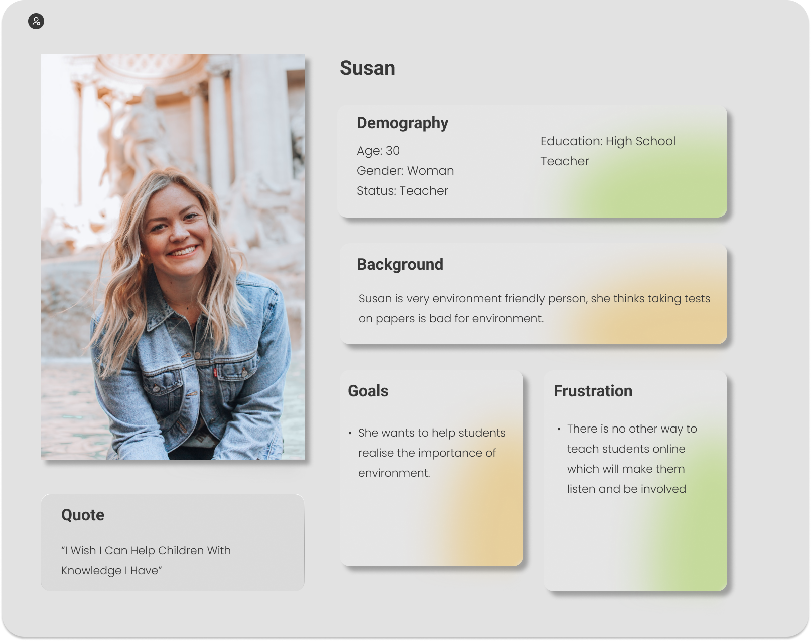 A digital profile of a young woman named Susan, including her photo. The profile shows her age as 30, gender as woman, and her occupation as a teacher. It mentions her education level as high school. The background notes she is environmentally friendly and dislikes tests on papers. Her goals include helping students understand the importance of the environment, and her frustrations involve teaching students online. A quote from Susan says, 'I Wish I Can Help Children With Knowledge I Have.'