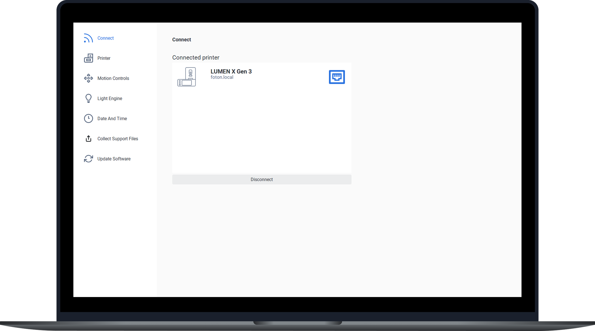 Computer screen showing printer connection interface with a connected printer labeled LUMEN X Gen 3.