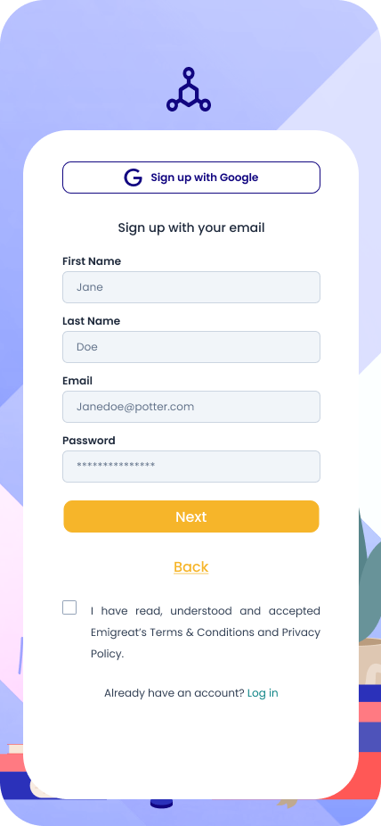 Mobile sign-up form on screen with fields for first name, last name, email, and password, with a 'Next' button and option to sign in.