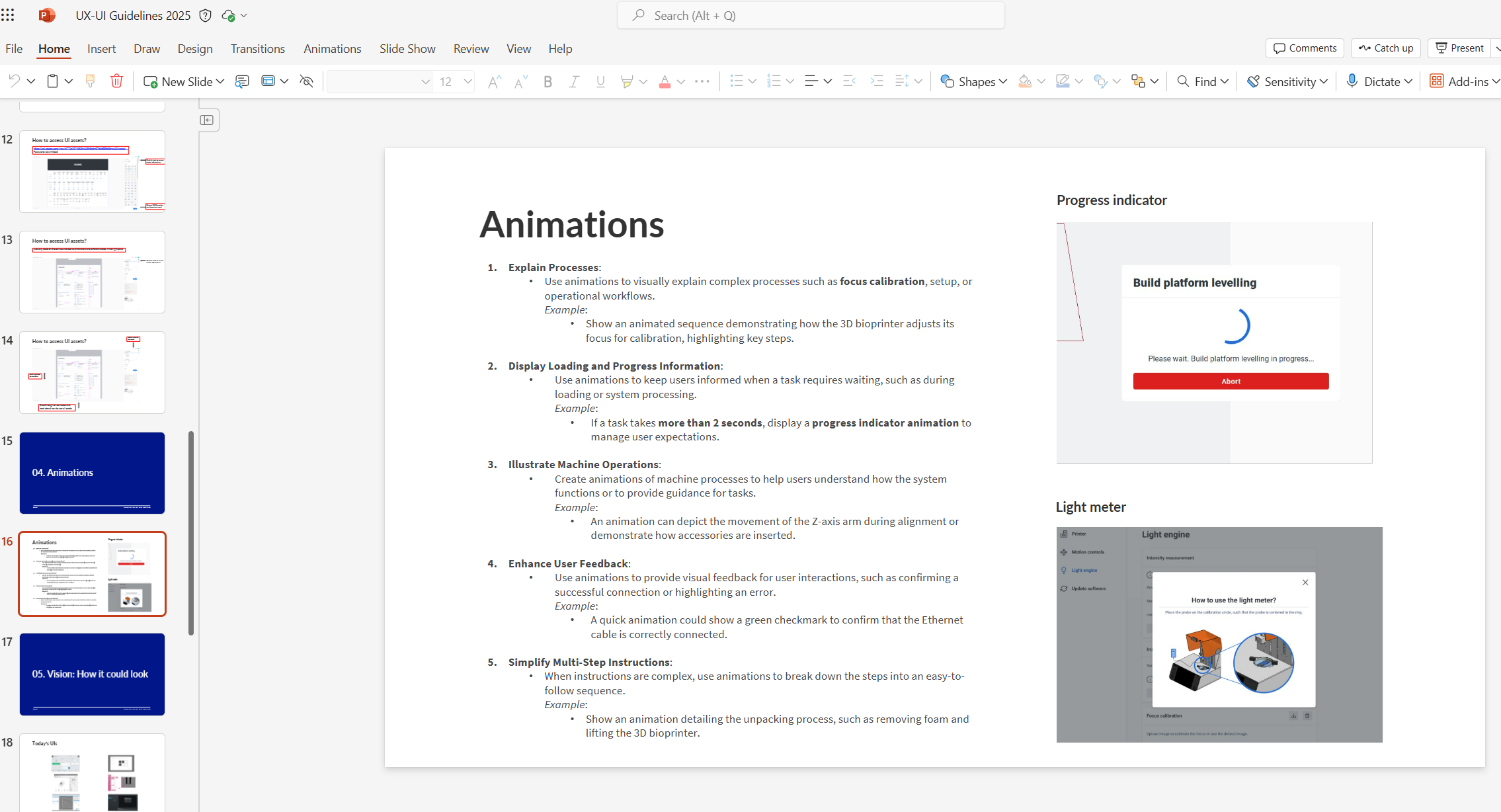 Screenshot of a presentation slide titled "Animations" with numbered points on processes, display/loading, machine operations, user feedback, and instructions. Visible are examples of progress indicators including a platform leveling animation in progress with an abort button and a light meter interface with diagrams.