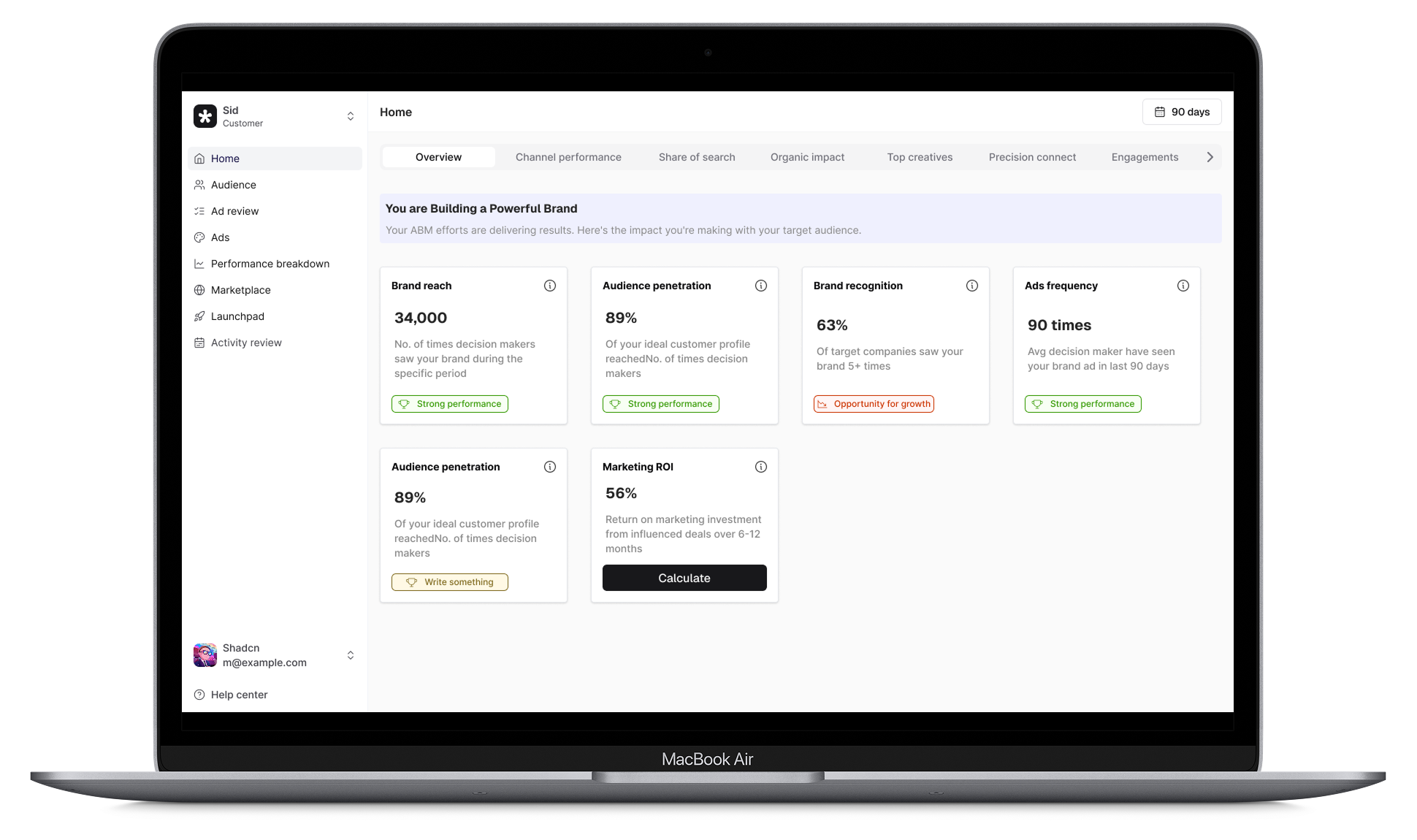 Laptop screen displaying a digital marketing dashboard with various performance metrics such as brand reach, audience penetration, brand recognition, ads frequency, marketing ROI, and audience engagement, with a sidebar containing user profile and navigation options.
