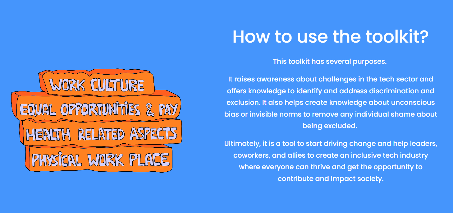 Blue background with orange layered blocks listed as 'Work Culture,' 'Equal Opportunities & Pay,' 'Health Related Aspects,' and 'Physical Work Place.' To the right, white text explains the purposes of a toolkit to raise awareness, identify discrimination and bias, and foster inclusive industry practices.