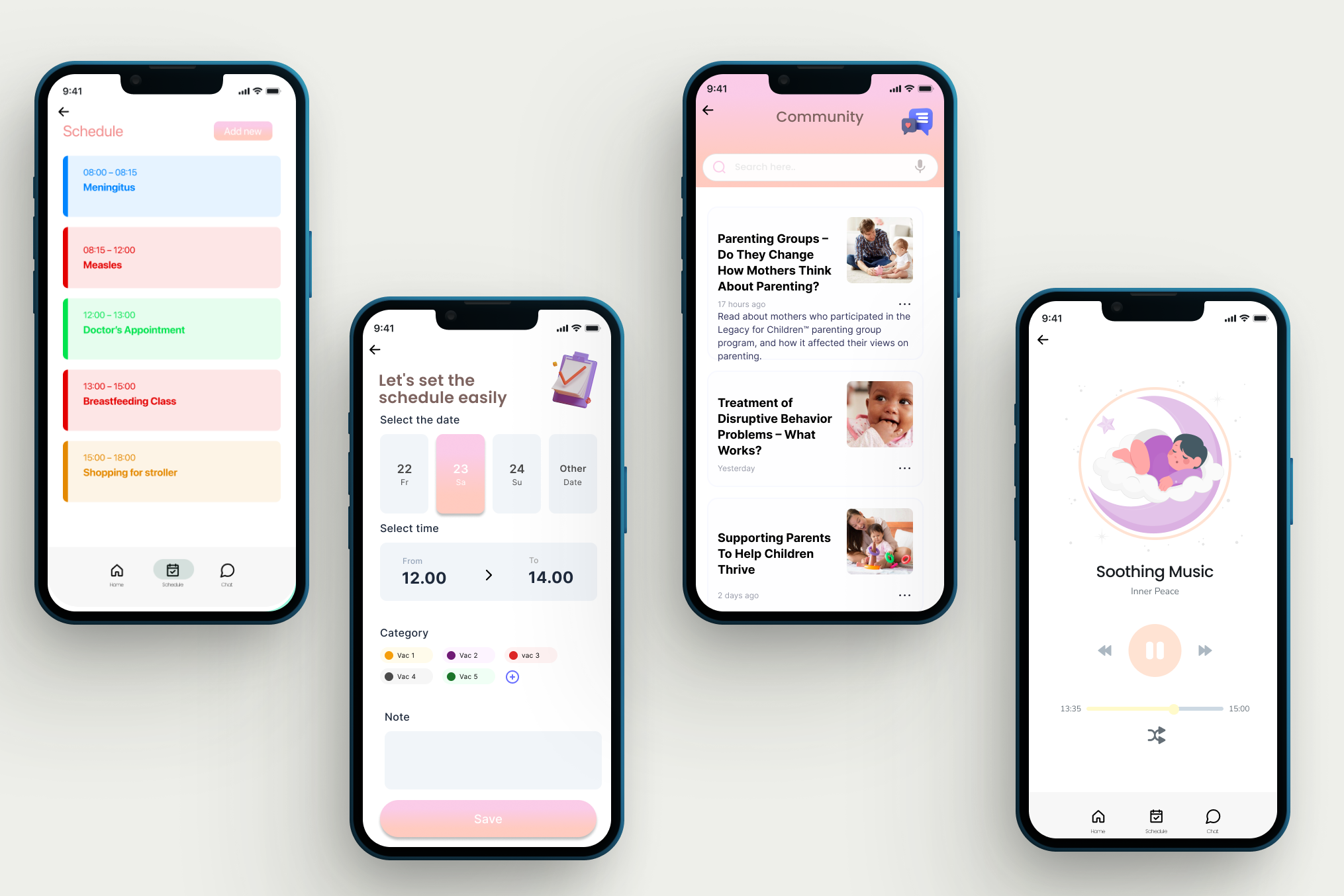 Four smartphone screens displaying different app interfaces: a schedule with events and times, a scheduling setup page with date and category options, a community news feed with articles about parenting, and a music player with soothing lullaby progr