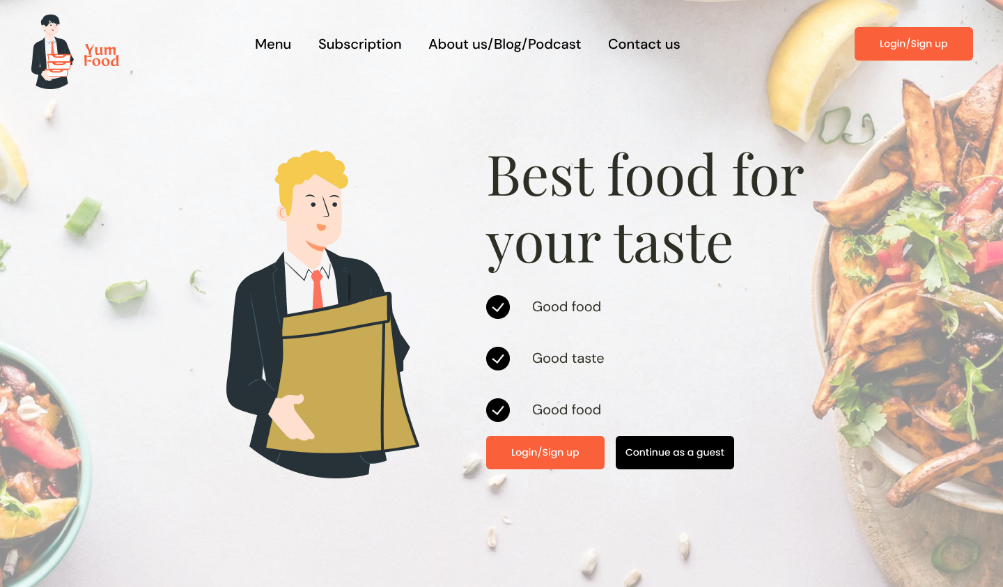 Website homepage for Yum Food featuring cartoon illustration of a man in a suit holding a takeout box, with images of food items including a bowl of salad and lemon wedges in the background.