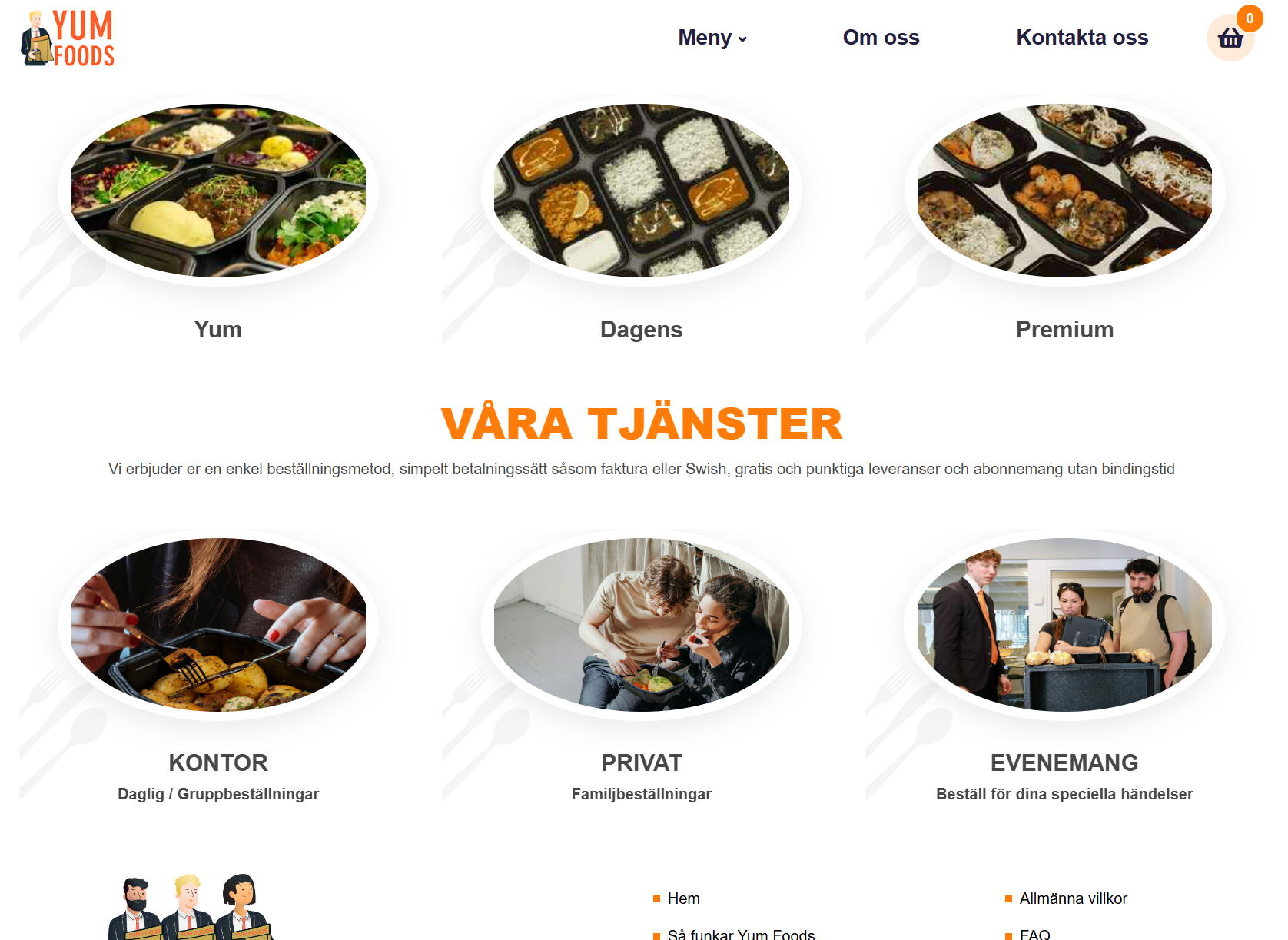 Screenshot of Yum Foods' website homepage displaying various meal options in black containers, section headlined 'Våra Tjänster' with images representing office, private, and event catering services.