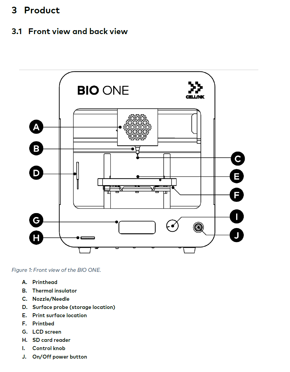 Line drawing diagram of the front view of the BIO ONE 3D printer with labeled parts, including printhead, thermal insulator, nozzle, surface probe, print surface, LCD screen, SD card reader, control knob, and power button.