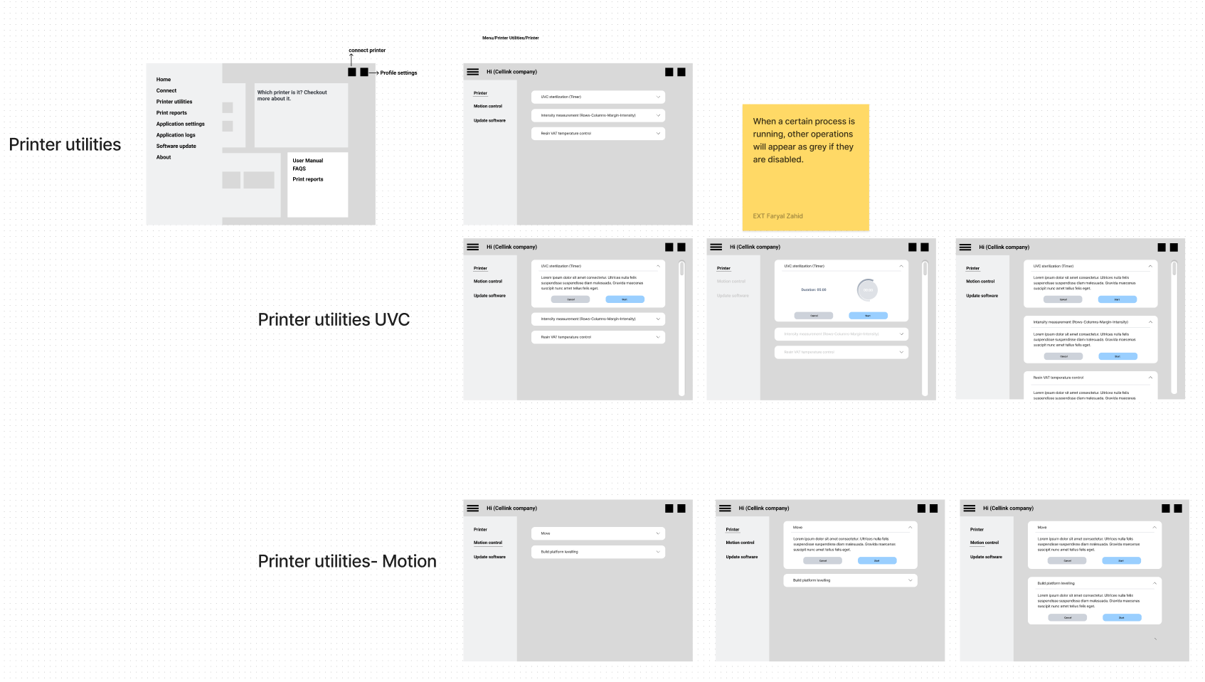 A series of user interface screenshots showing printer utilities, including general printer utilities, UVC controls, and motion controls. The images include menus, sliders, and buttons for settings adjustments. There is a yellow note box with a tip about process status being shown in gray. The layouts are minimalistic with a gray and white color scheme.