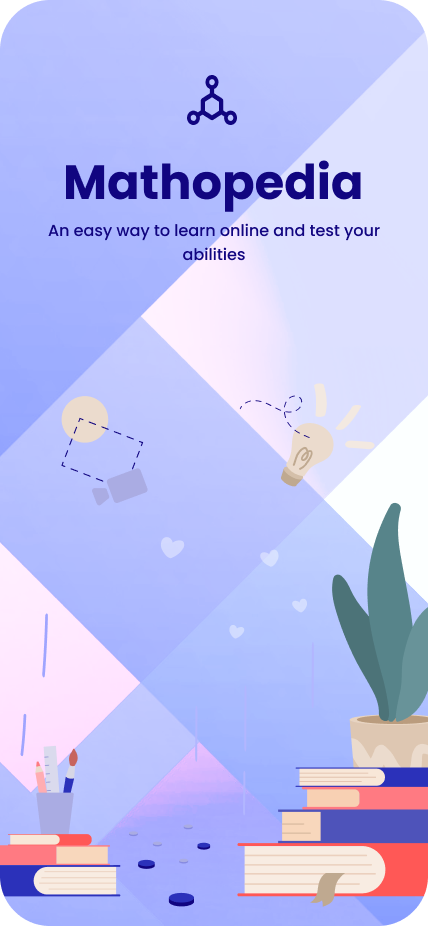 Landing page for Mathopedia, an online math learning platform, featuring a light blue and purple geometric background, icons of a lightbulb and geometric shapes, a potted plant, and stacked books.