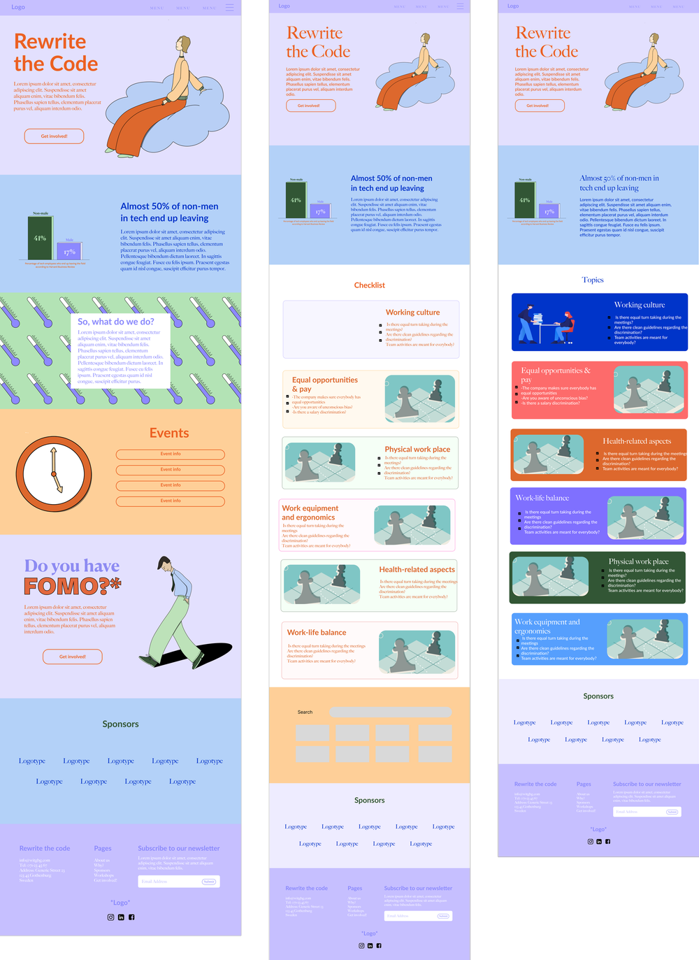 Three webpage layouts featuring a pink and purple theme, each containing sections about rewriting code, gender diversity in tech, workplace topics, and a cartoon woman sitting on a cloud.