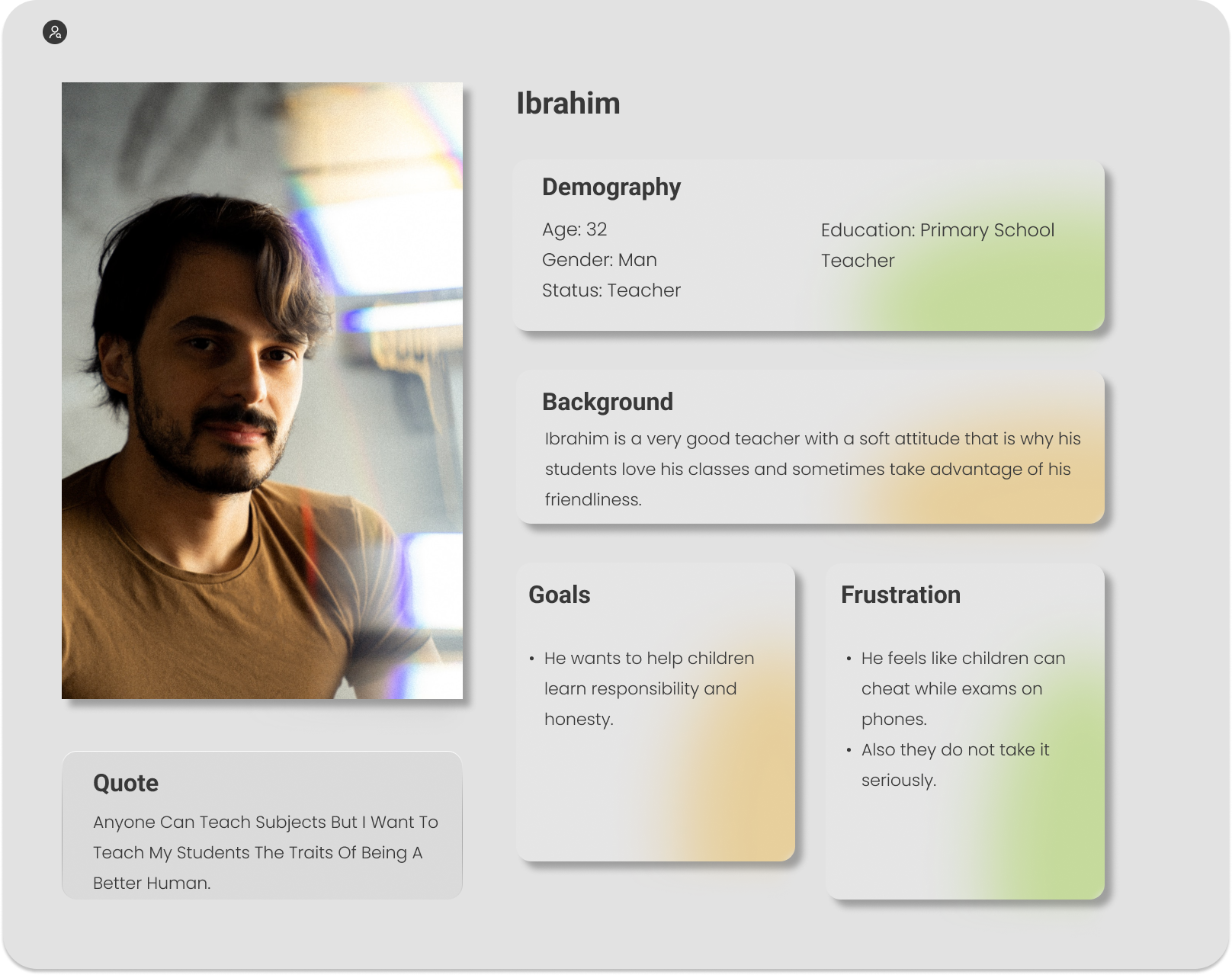 Profile of a man named Ibrahim, who is a 32-year-old primary school teacher. The profile includes background information praising his friendly attitude and desire to teach responsibility and honesty to children. It also mentions his frustrations with children cheating on exams and not taking it seriously, and contains a quote about teaching. The image shows Ibrahim with dark hair and beard, wearing a brown shirt, with a blurred window and a rainbow reflection in the background.