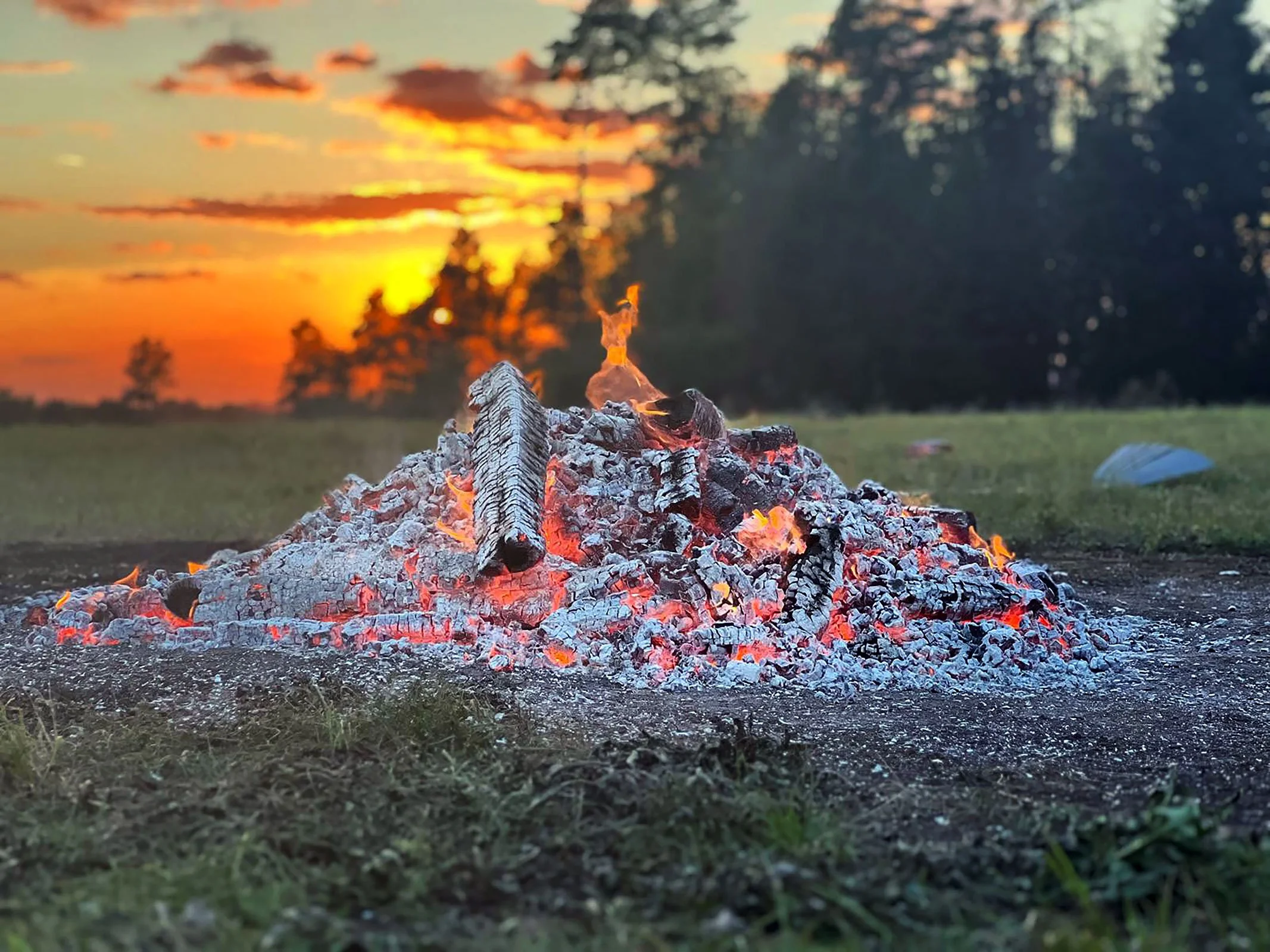Lagerfeuer mit brennenden Holzscheiten auf offener Wiese bei Sonnenuntergang, im Hintergrund Bäume und ein farbenfroher Himmel.
