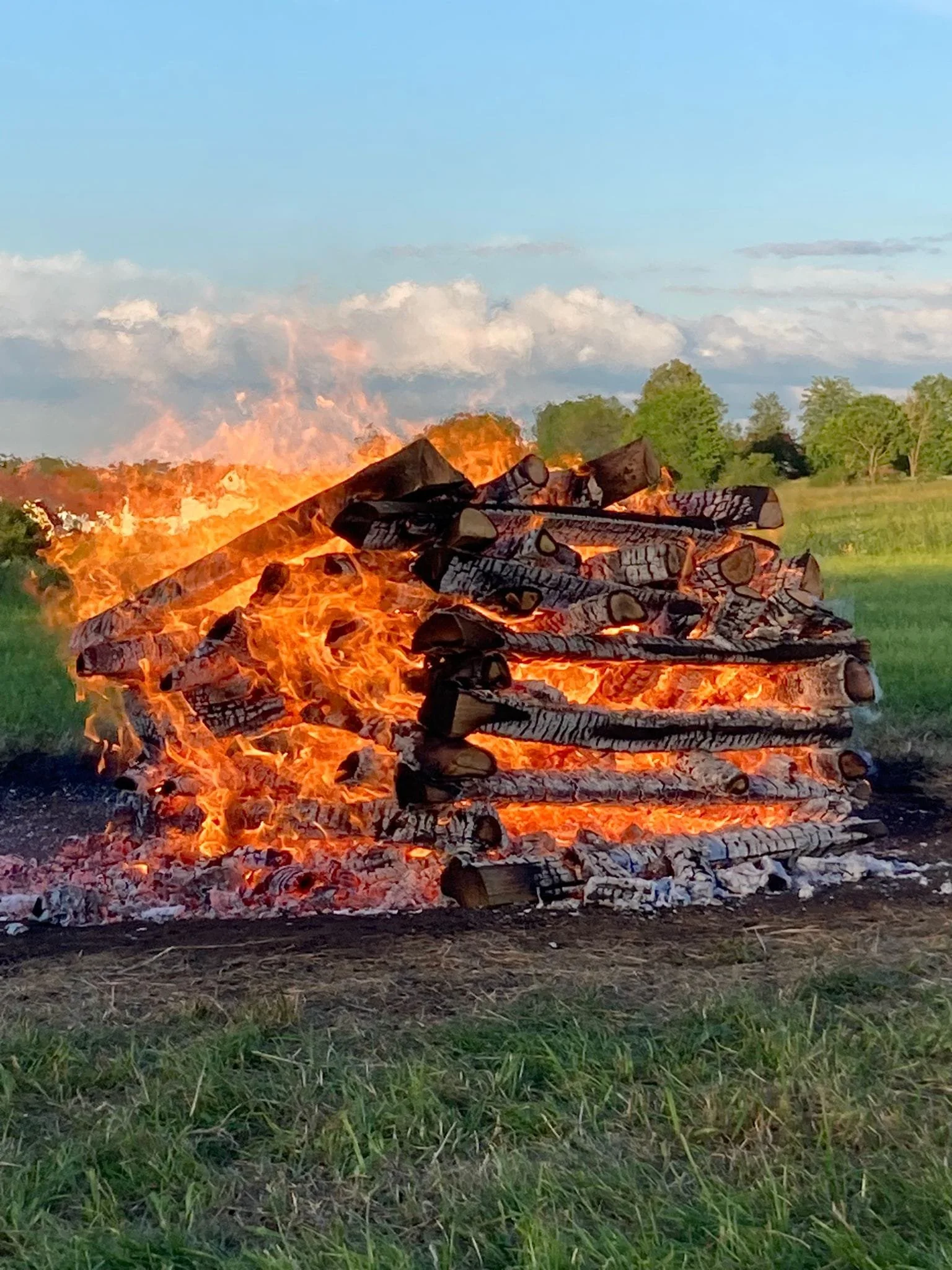 Ein Holzstapel brennt im Freien, umgeben von Gras und Bäumen im Hintergrund, bei blauem Himmel.
