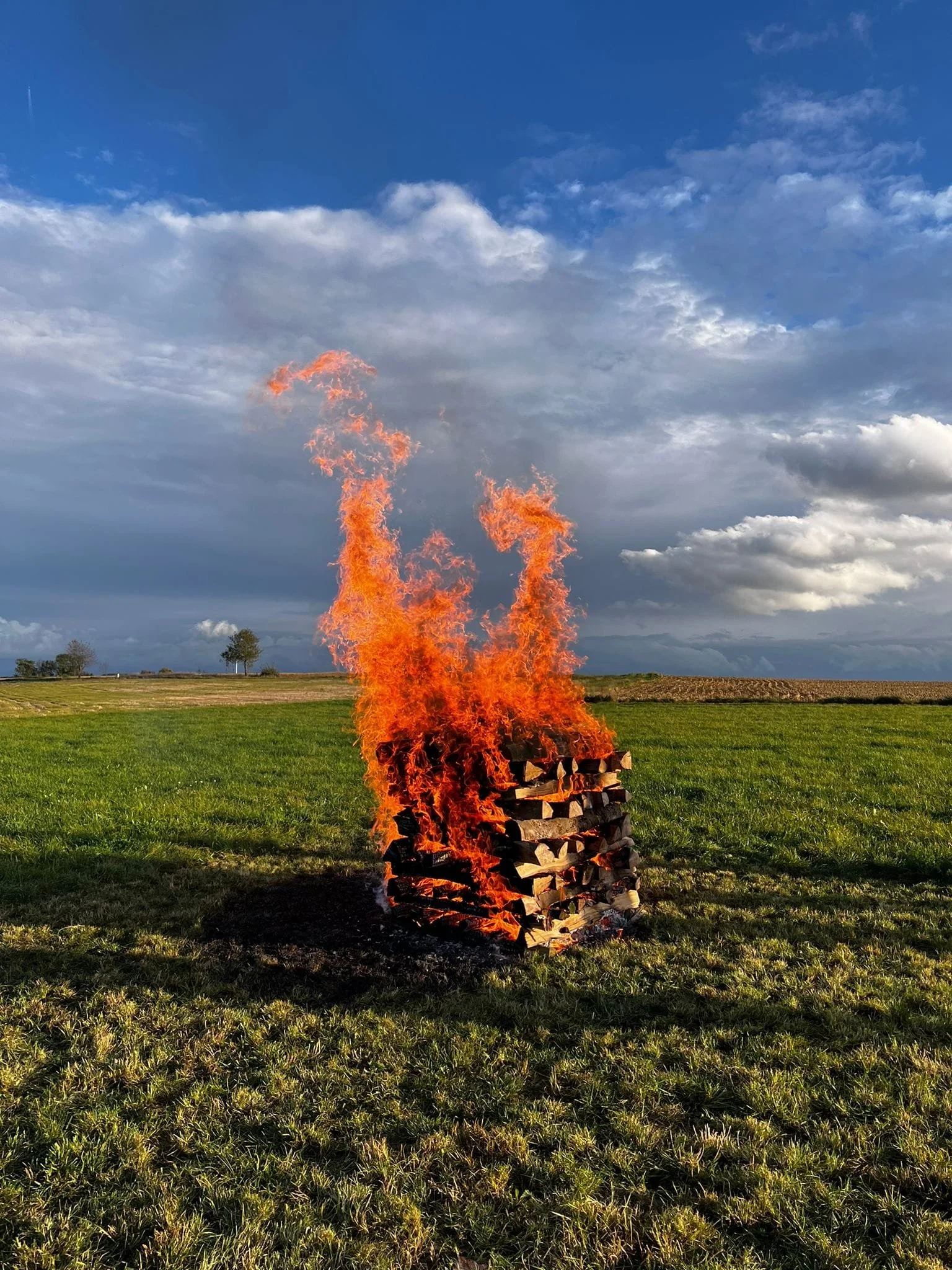 Holzstapel auf einer Wiese, die in Flammen stehen, unter einem bewölkten Himmel.
