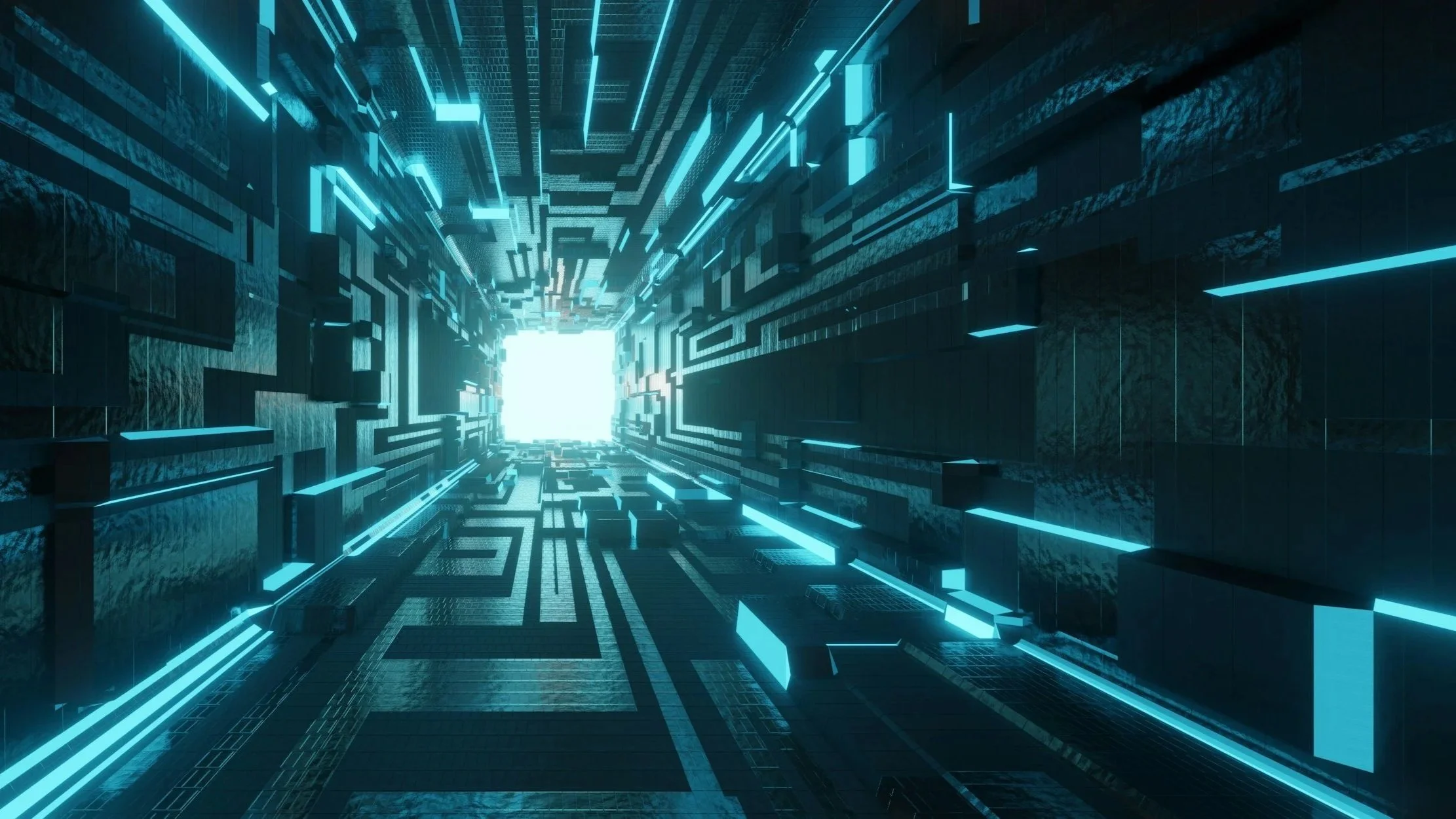 Blick in einen futuristischen, leuchtenden Tunnel mit blauen LED-Lichtern und geometrischen Mustern.