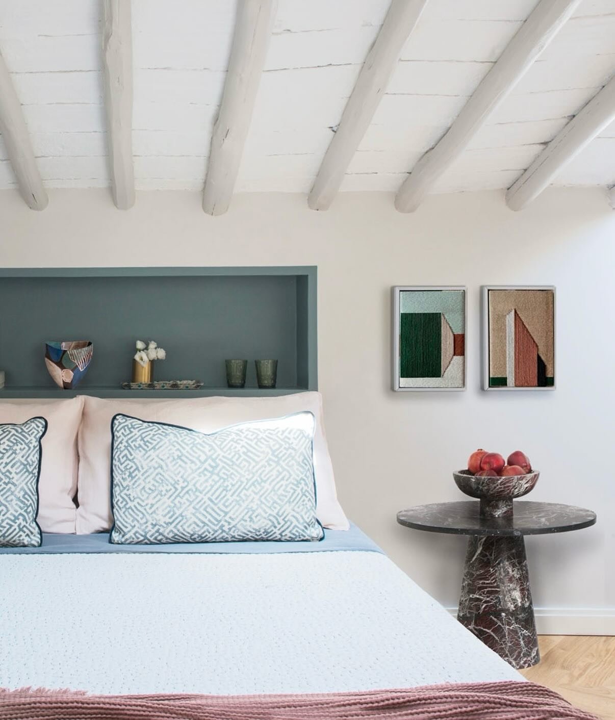 Dreamy bedroom at our Rome pied-&agrave;-terre penthouse in the historical centre, tucked away just off Via Monserrato.

#InteriorDesign #BedroomGoals #HomeDecor #DesignInspo #InteriorStyling
