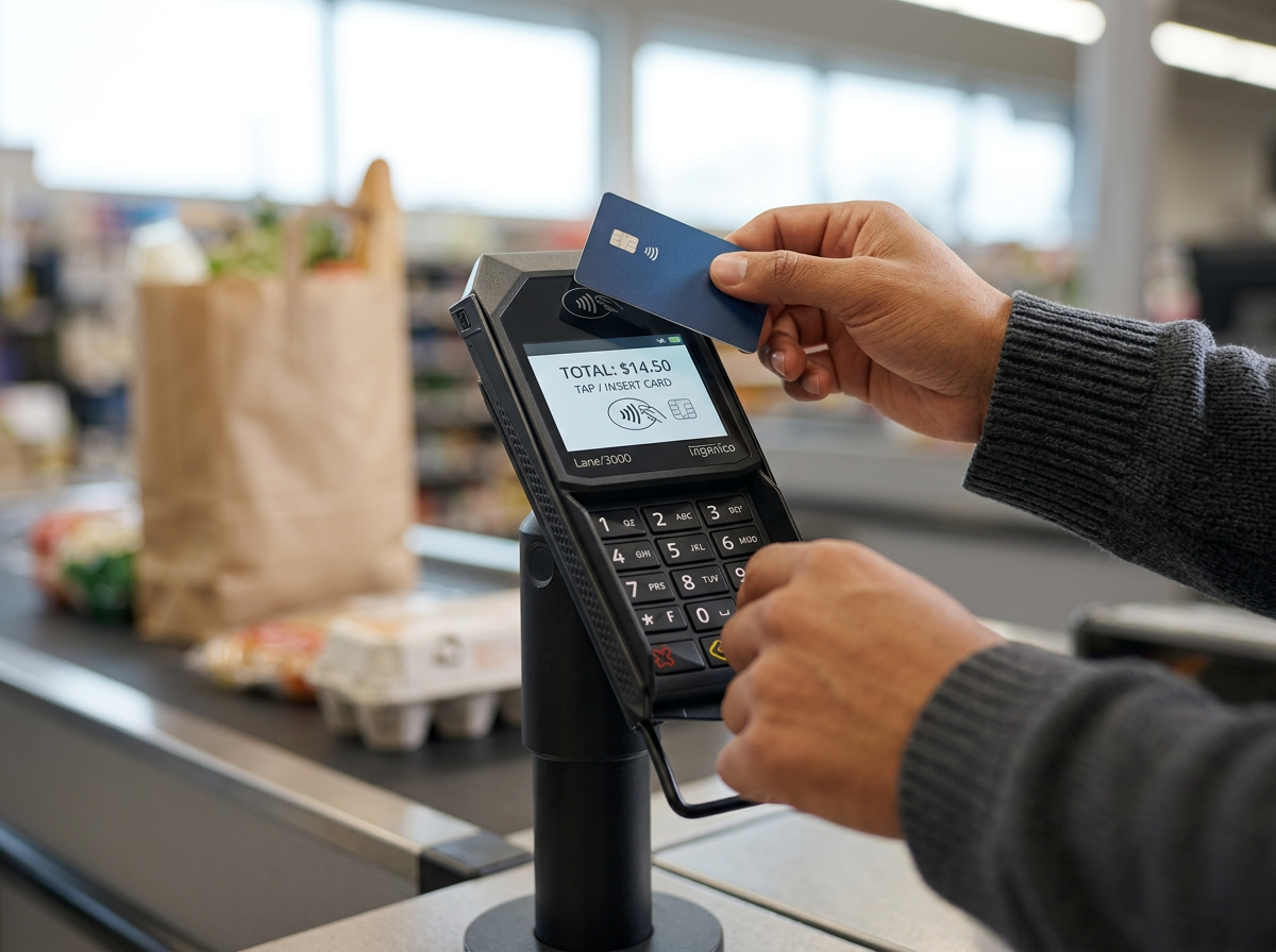 Customer taps card on an Ingenico Lane retail terminal for high-volume, secure contactless payments at supermarket checkout.