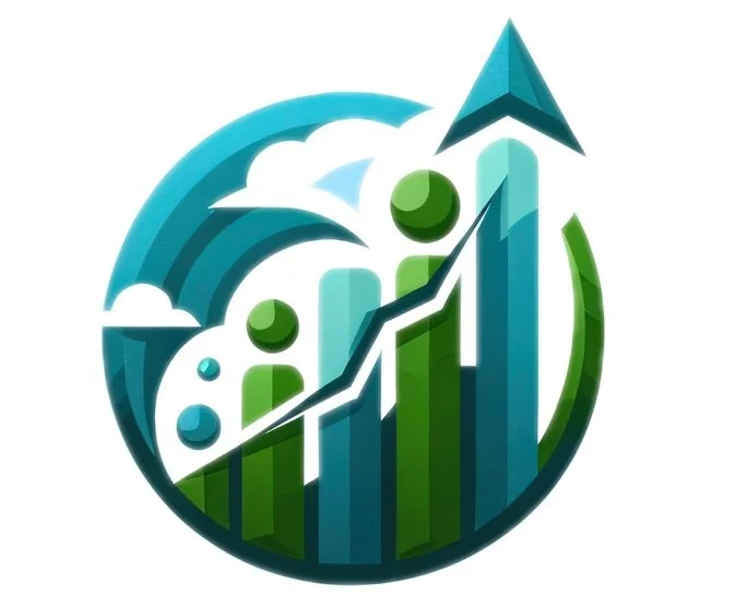 Graphic of upward trending bar chart with increasing line and arrows, surrounded by abstract shapes and dots, symbolizing growth or progress.