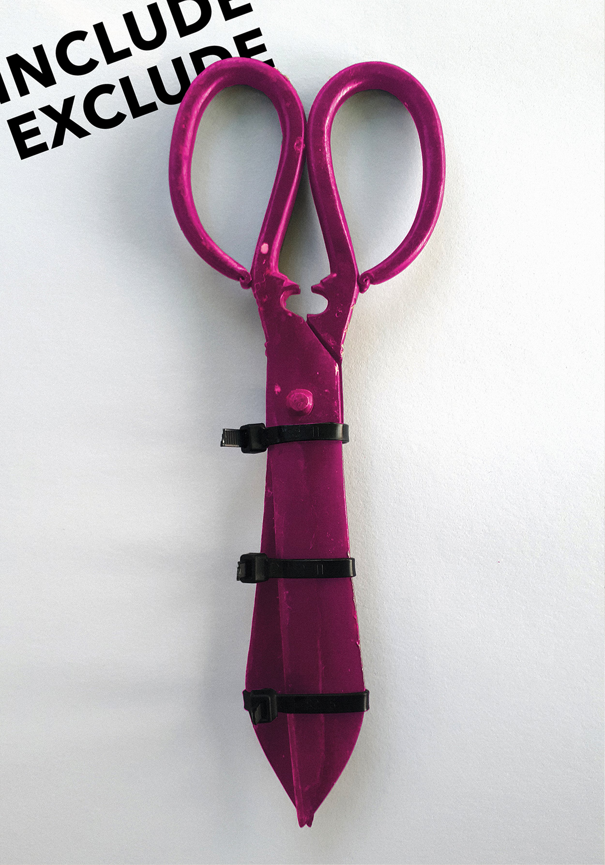 Purple scissors with black zip ties on white background, text 'include' and 'exclude' at top left.