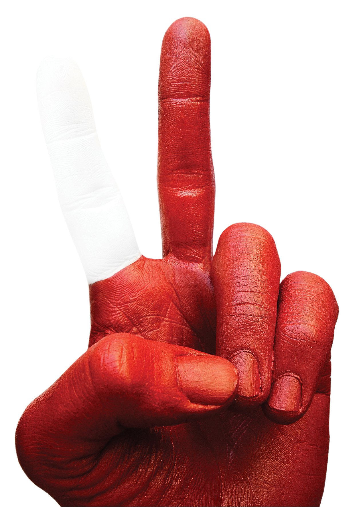 Hand making a peace sign with fingers painted red and white.
