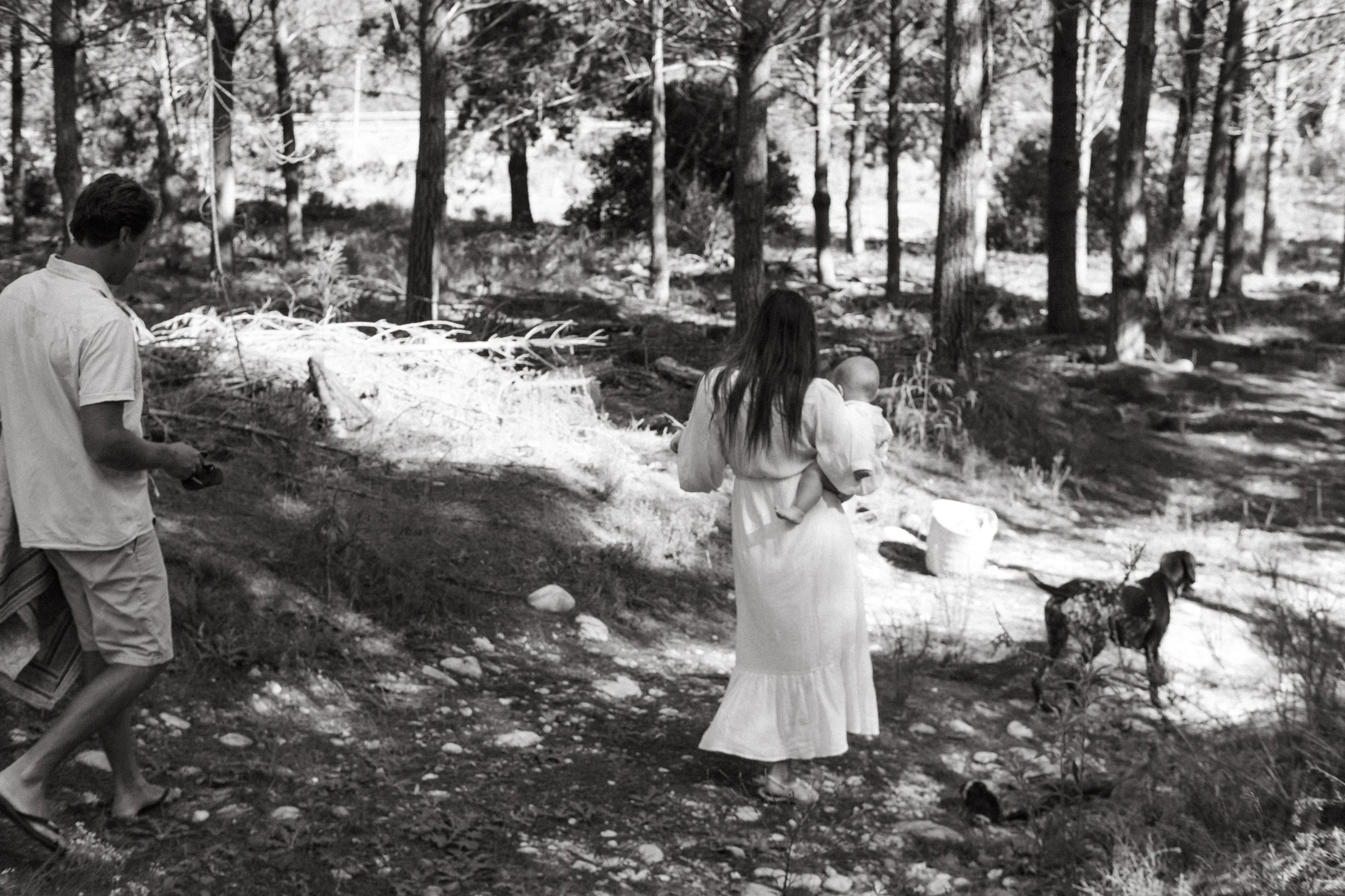 A woman holding a baby and a dog in a wooded outdoor area with trees and sunlight filtering through.