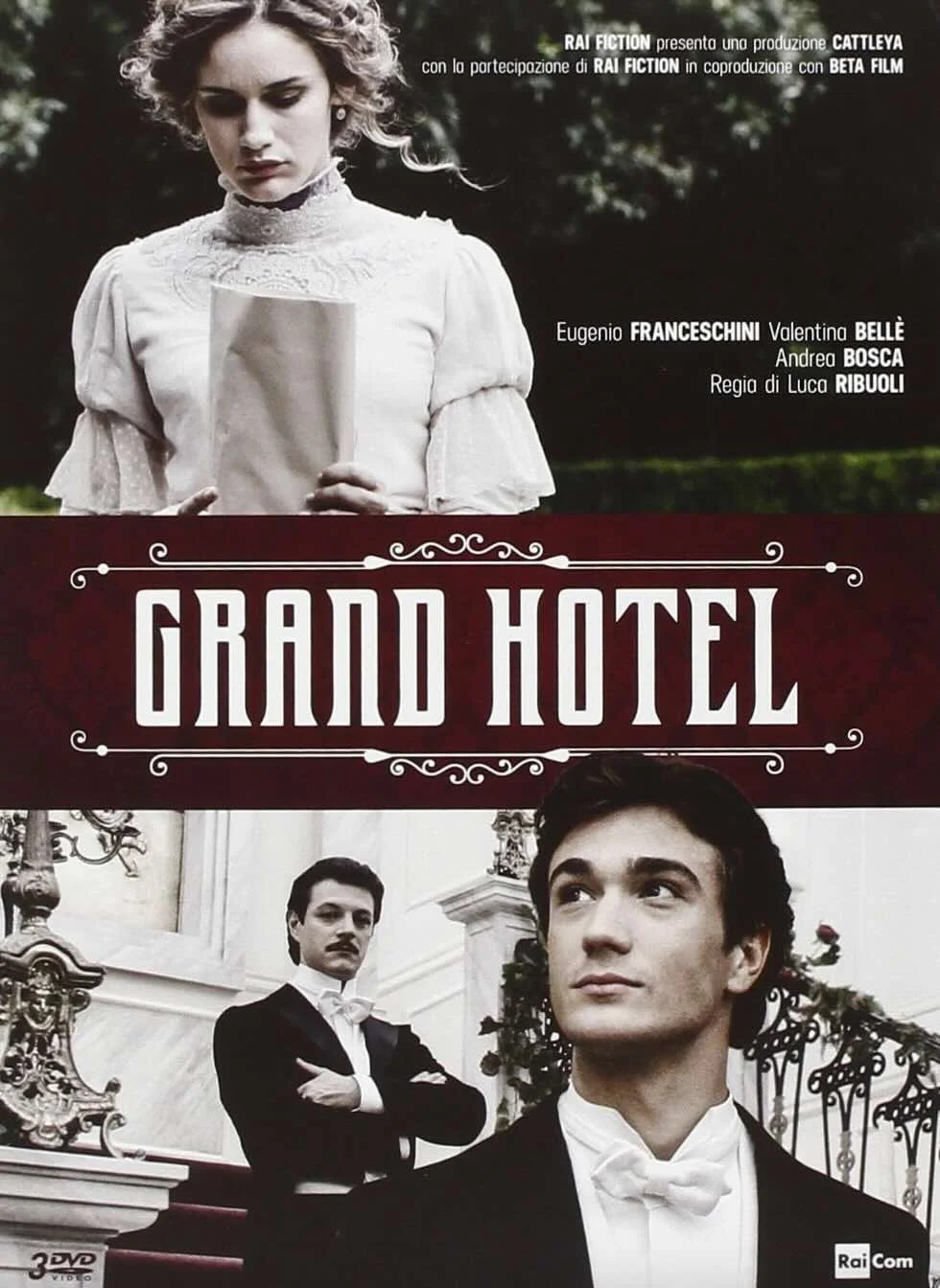 Cover of the TV series 'Grand Hotel' featuring a woman reading a letter and two men in formal attire.