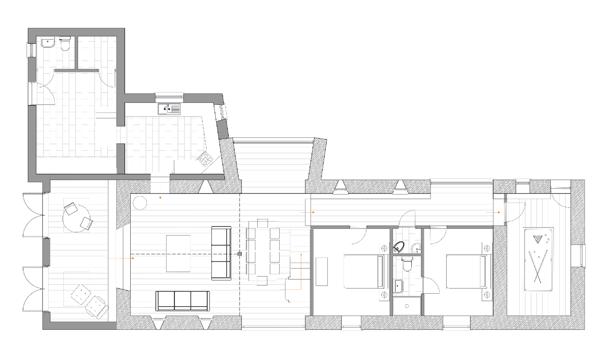Architectural floor plan of a house showing multiple rooms including living room, kitchen, bedrooms, bathrooms, and outdoor patio.