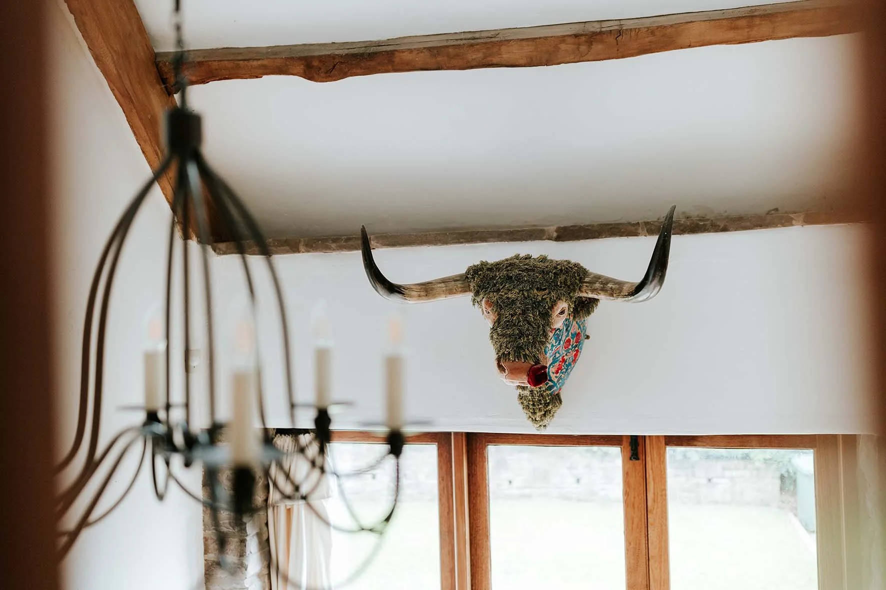 A mounted animal head, possibly a buffalo or bison, decorated with moss or greenery and a colorful floral bandana around its neck, hanging upside down from a wooden beam in a room with windowed doors.