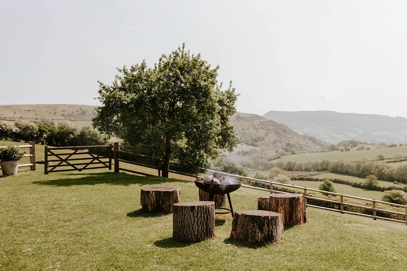 A scenic outdoor setting with a grassy lawn, five tree stumps arranged around a small grill with smoke, a wooden fence, a large tree, and rolling hills in the distance under a cloudy sky.