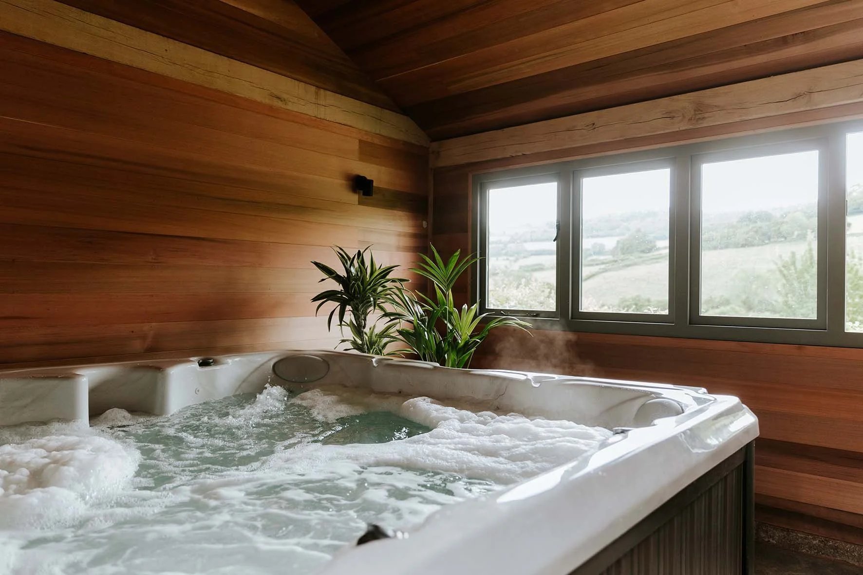 Indoor hot tub with bubbling water, wooden walls, and a large window with a view of greenery outside, with two potted plants beside the window.