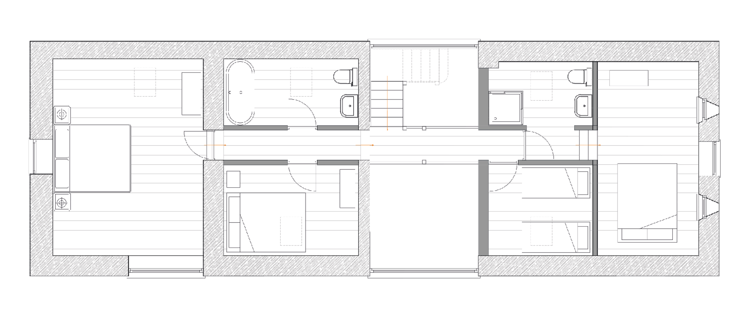 Floor plan of a house showing three bedrooms, two bathrooms, and a staircase.