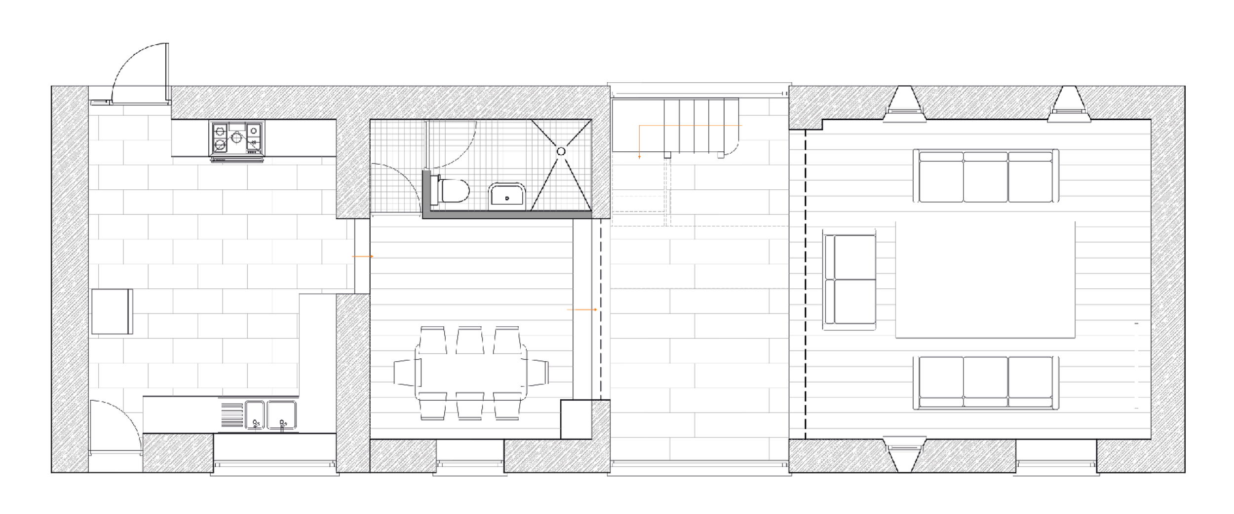 Floor plan of a house showing a kitchen, dining area, bathroom, and living room in a linear layout.