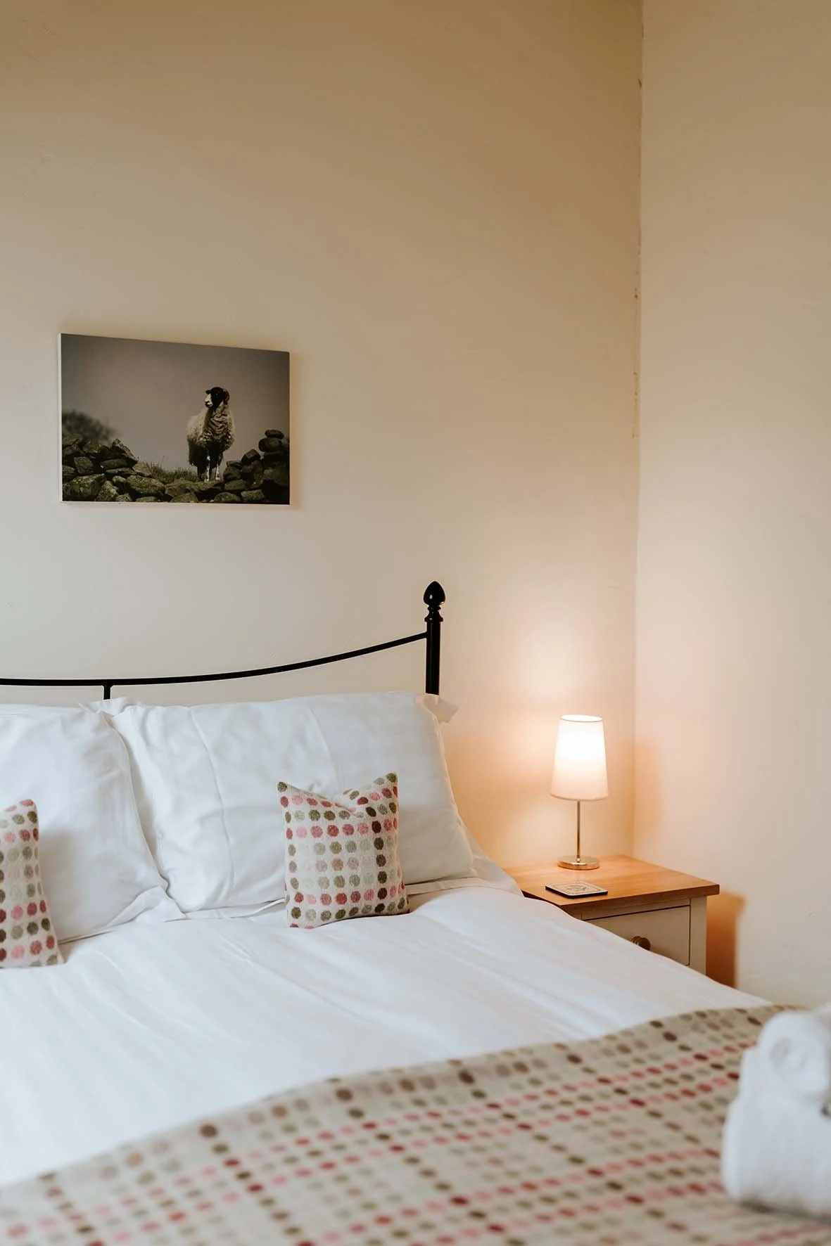 A neatly made bed with white sheets and dotted pillows, a wooden nightstand with a lamp and remote, and black metal bed frame, in a cozy bedroom with a wall art of a sheep on the wall.