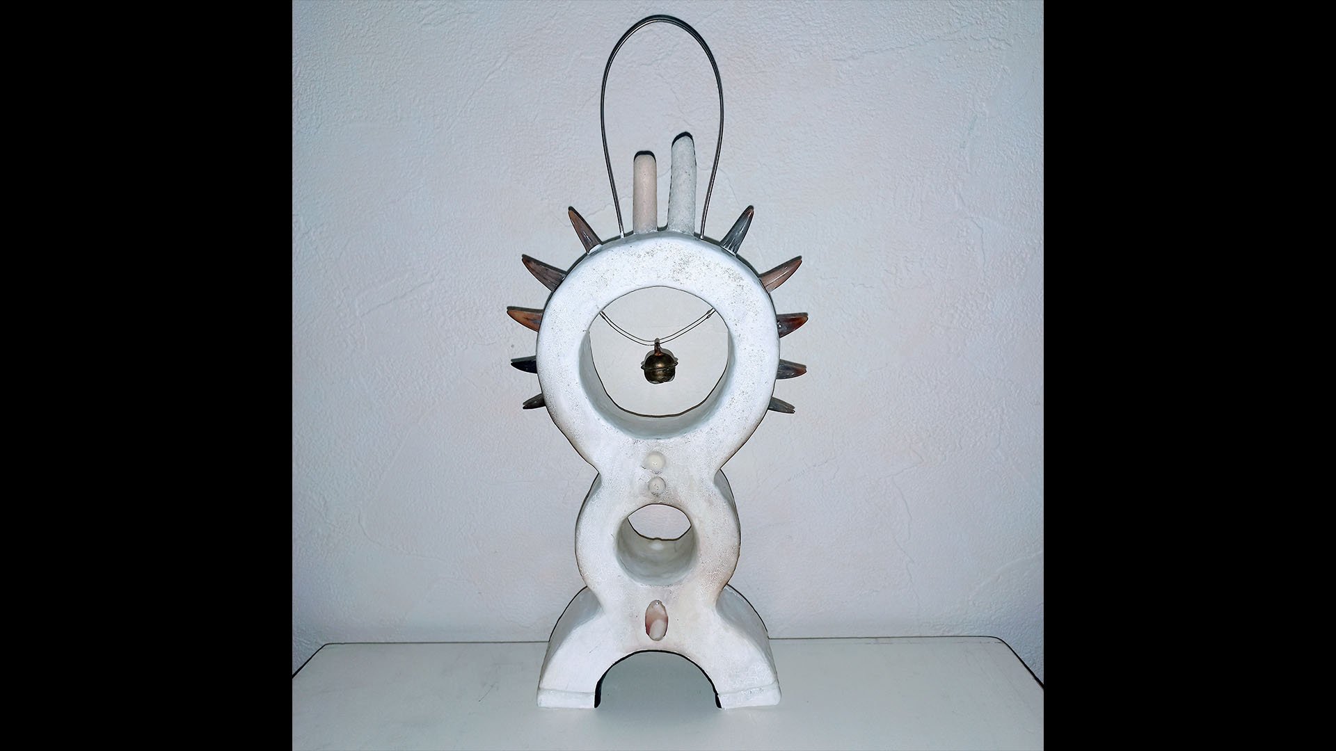 Anna Gabriele
WÆCHTER
JP 2024
___
series sculpture
clay, shark teeth, coral, shells, japanese temple bell, guitar string, luminous pigment, gouache, acrylic varnish
size tallest H:27cm W:13cm D:4cm
size smallest H:8,5cm W:5cm D:1cm