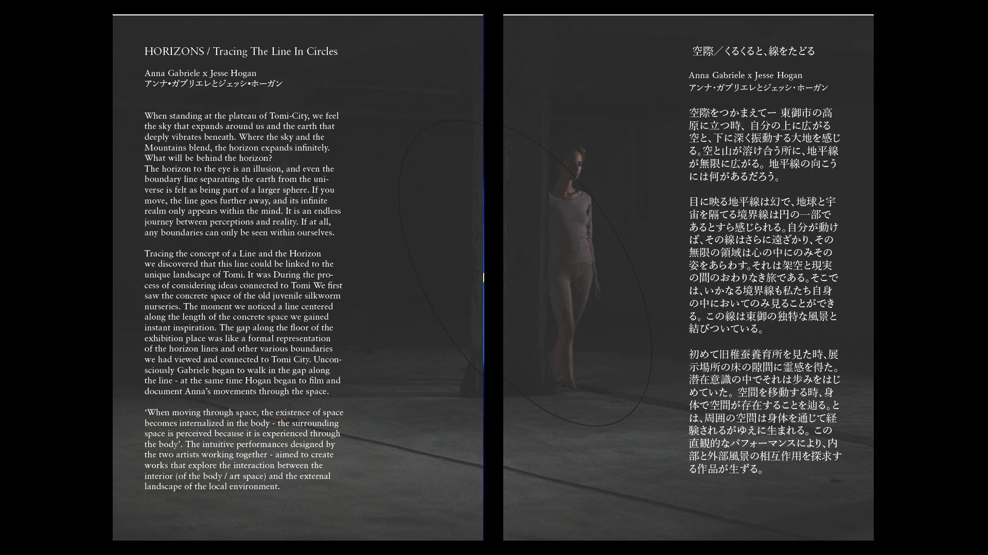 Anna Gabriele, Jesse Hogan
HORIZONS // tracing the line in circles
2017
___
performance video, installation
booklet extract