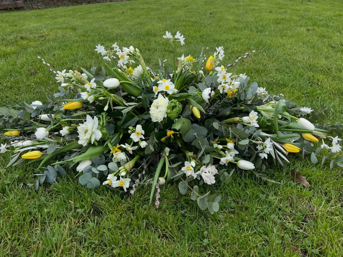 A spring funeral spray arrangement for a friends granny - it&rsquo;s always special when I get asked to create farewell flowers, understanding what the family would like, finding out about the person they are celebrating and keeping them in mind whil